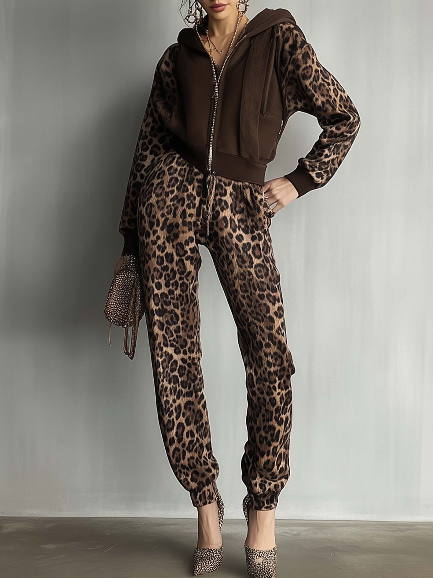 Brown Hooded Sweatshirt Jumpsuit With Leopard Print