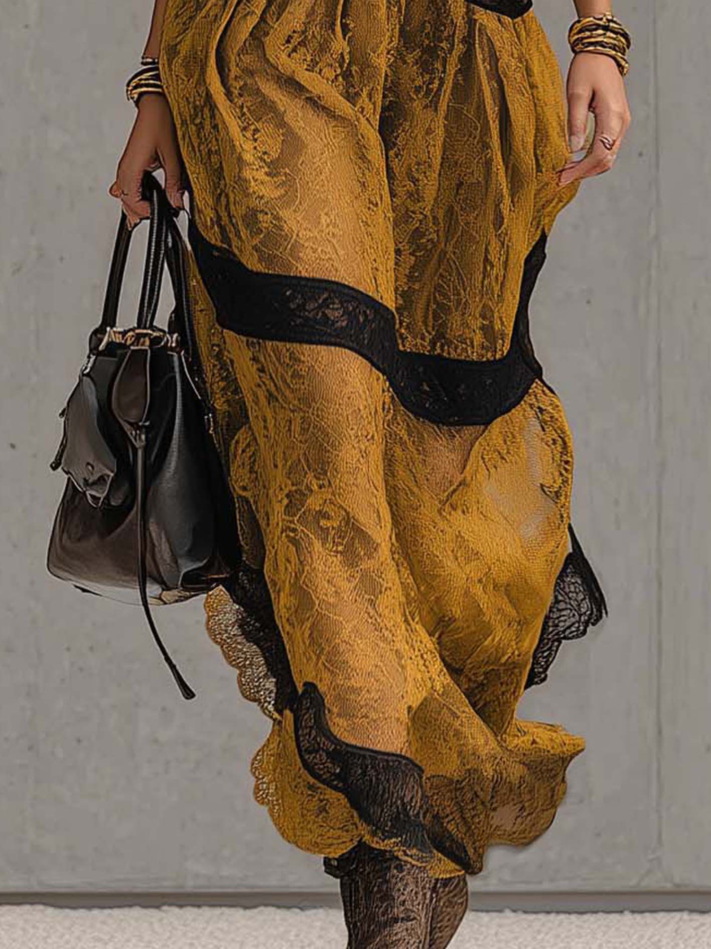 Mustard Yellow Lace Patchwork Black Sleeveless Maxi Dress