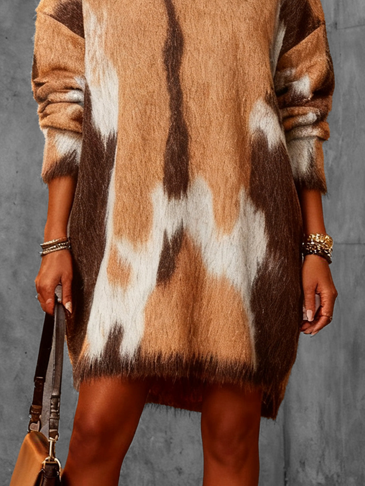 Brown Fuzzy Animal Print Knit Sweater Dress