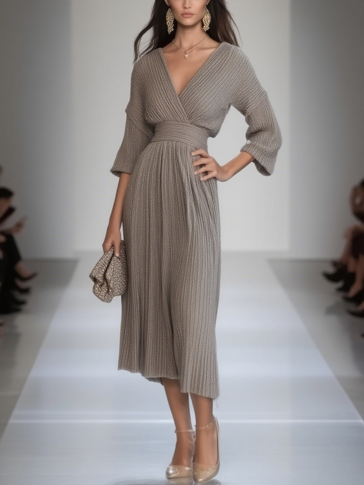 Grey Metallic Ribbed V-Neck 3/4 Sleeve Waisted Midi Dress