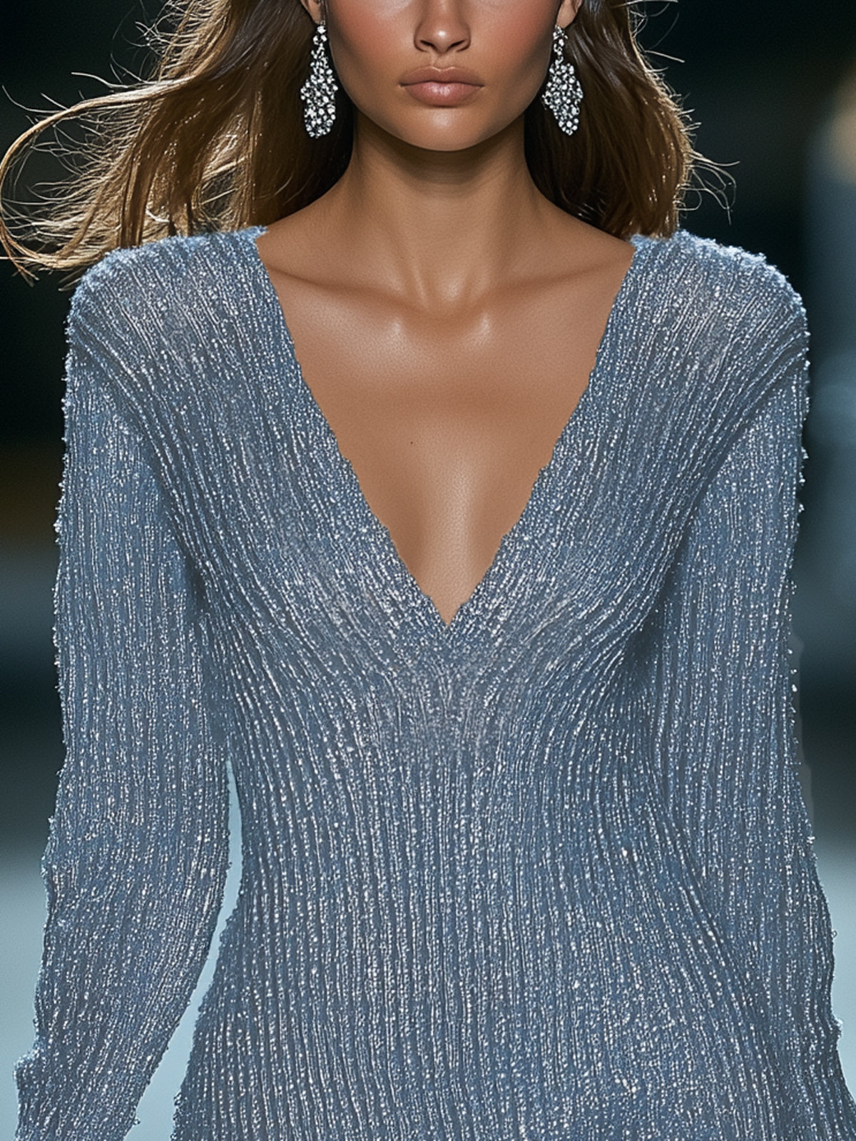 Blue Metallic Ribbed Shimmer V-Neck Long Sleeve Mini Dress