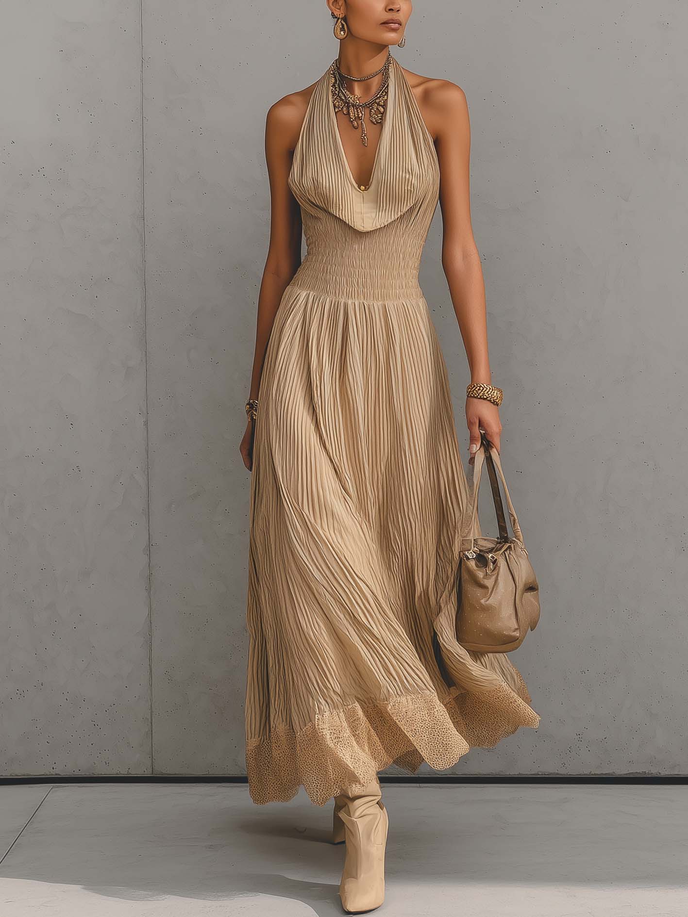 Champagne Gold Pleated Cowl Neck Maxi Dress With Lace Hem
