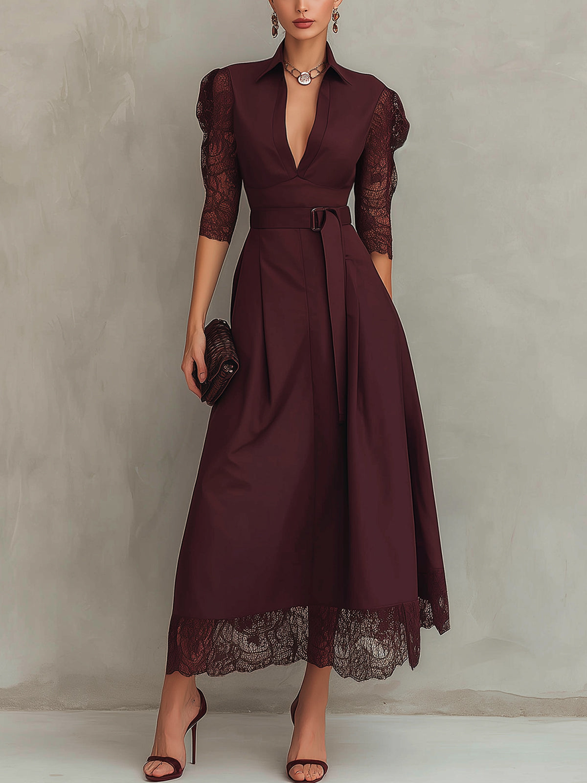 Burgundy Lace Sleeve Belted V-Neck Maxi Dress