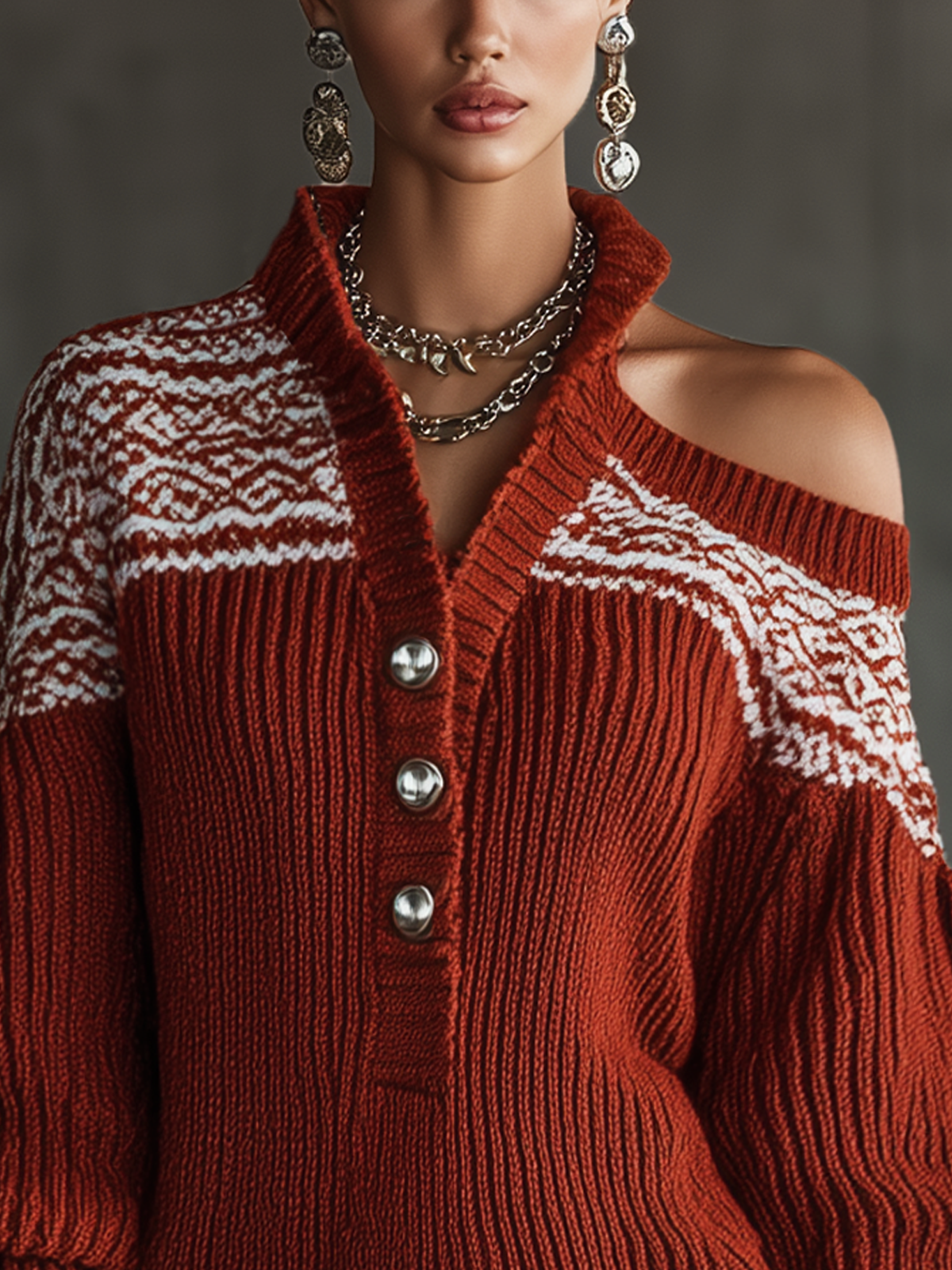 Red Knitted Fair Isle Pattern Off The Shoulder Mini Dress