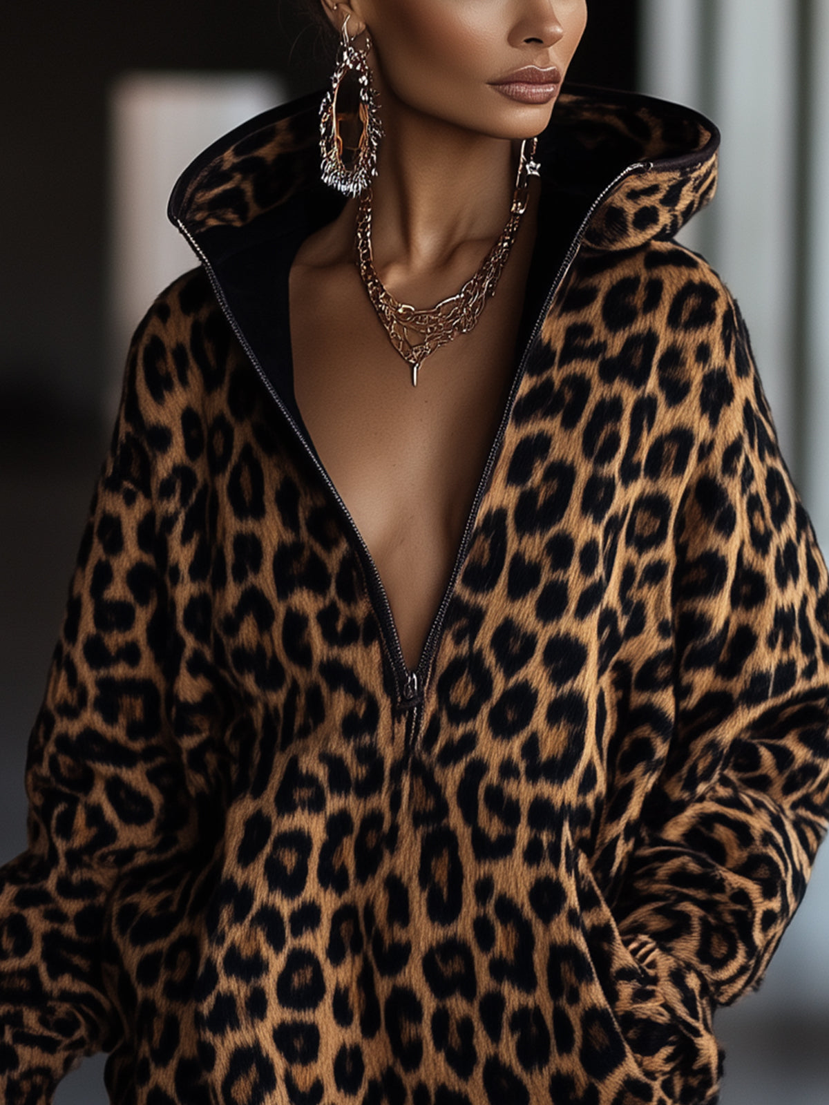 Brown Leopard Print Hooded Faux Wool Mini Dress