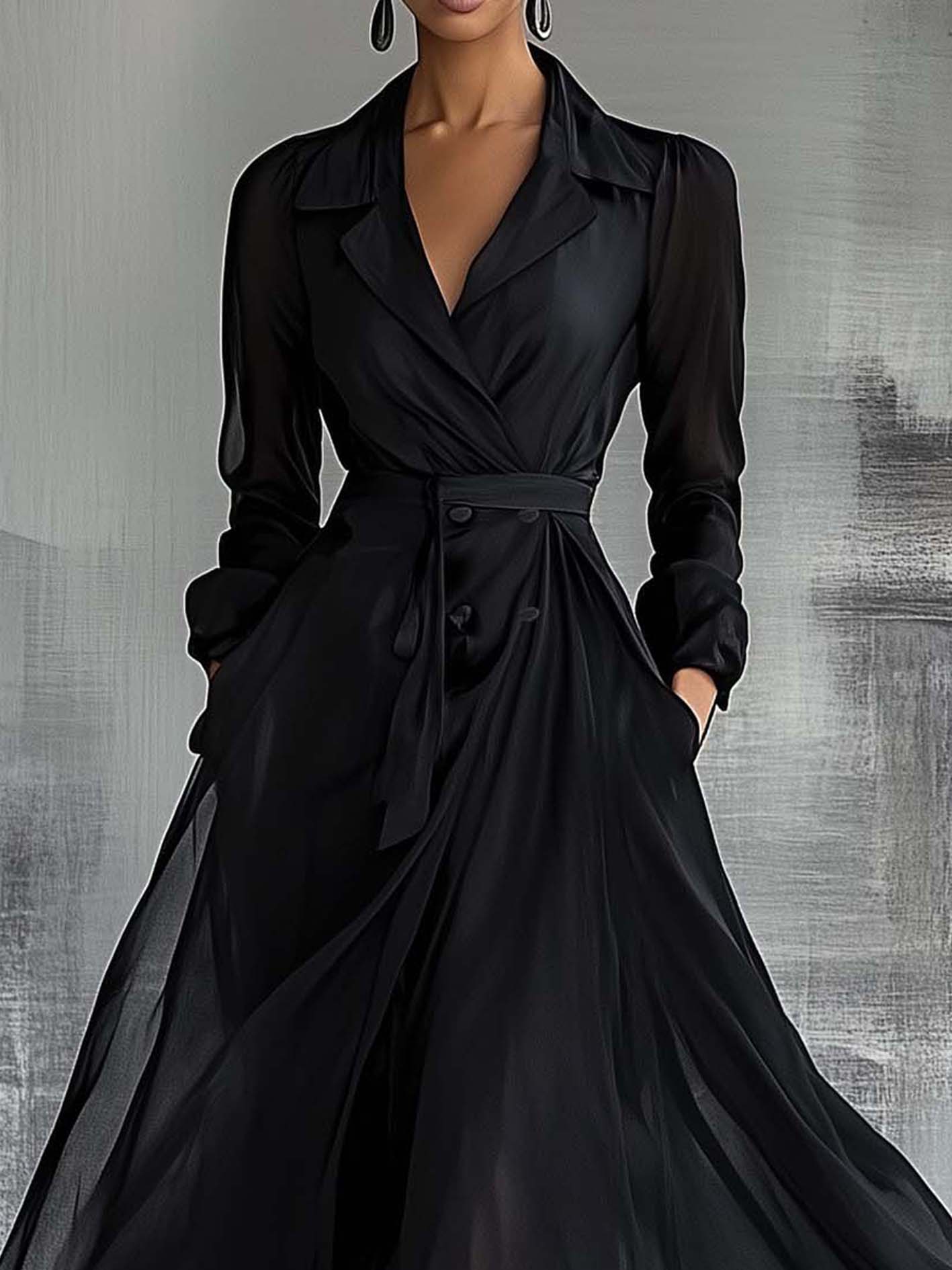 Black Chiffon Maxi Dress With Double-breasted Buttons And Belt