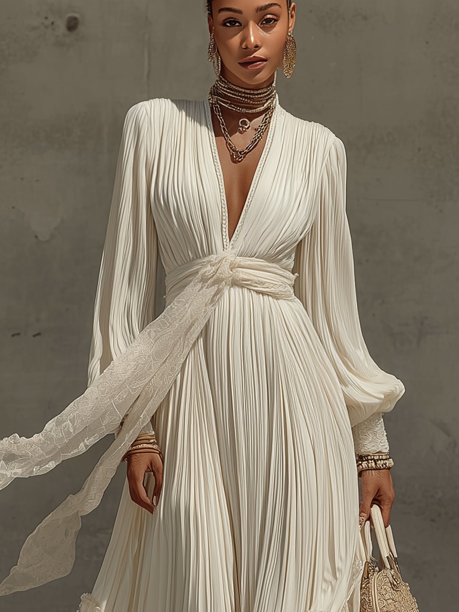 White Deep V-Neck Pleated Long Sleeve Maxi Dress With Lace Belt
