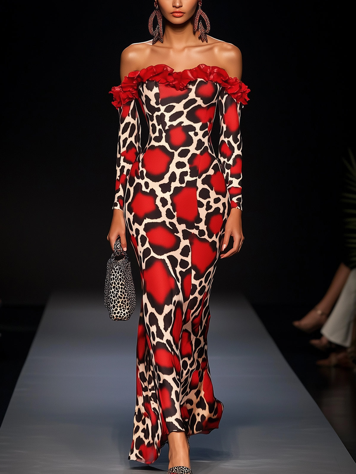 Off Shoulder Red And Black Animal Print Maxi Dress