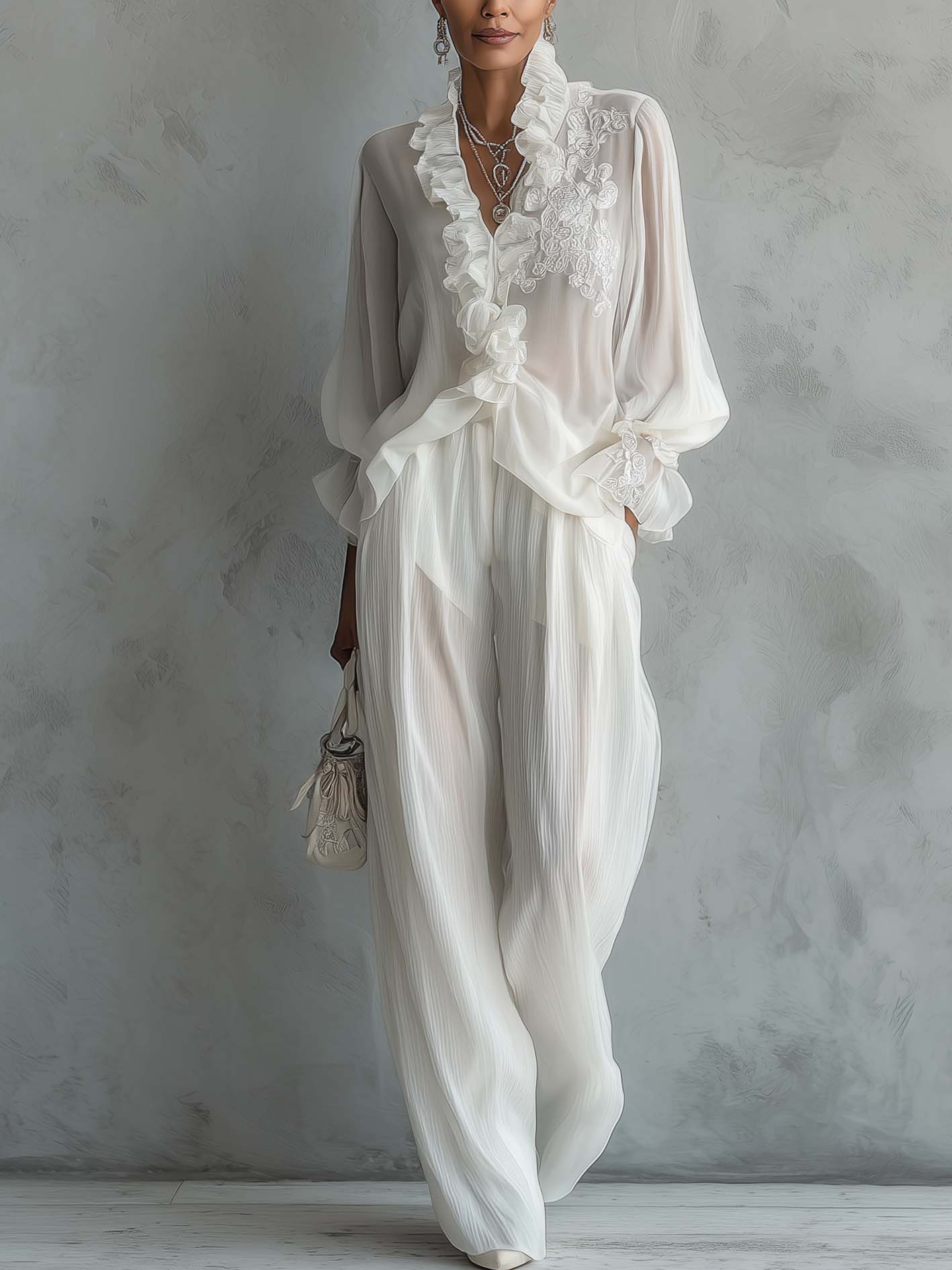 White Chiffon Embroidered Ruffle Blouse And Pleated Wide-Leg Pants Set