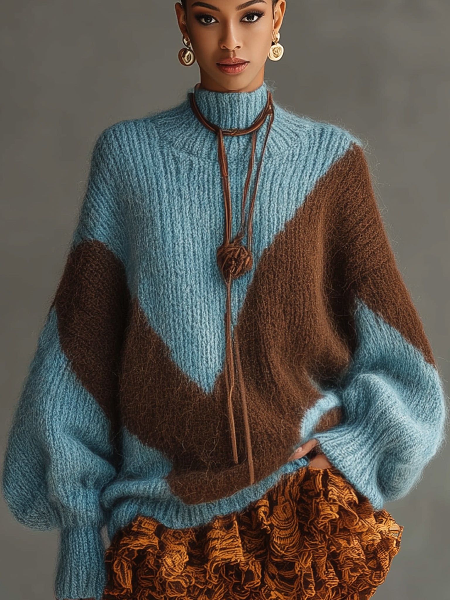 Blue And Brown Color Blocked Mohair Knit Sweater
