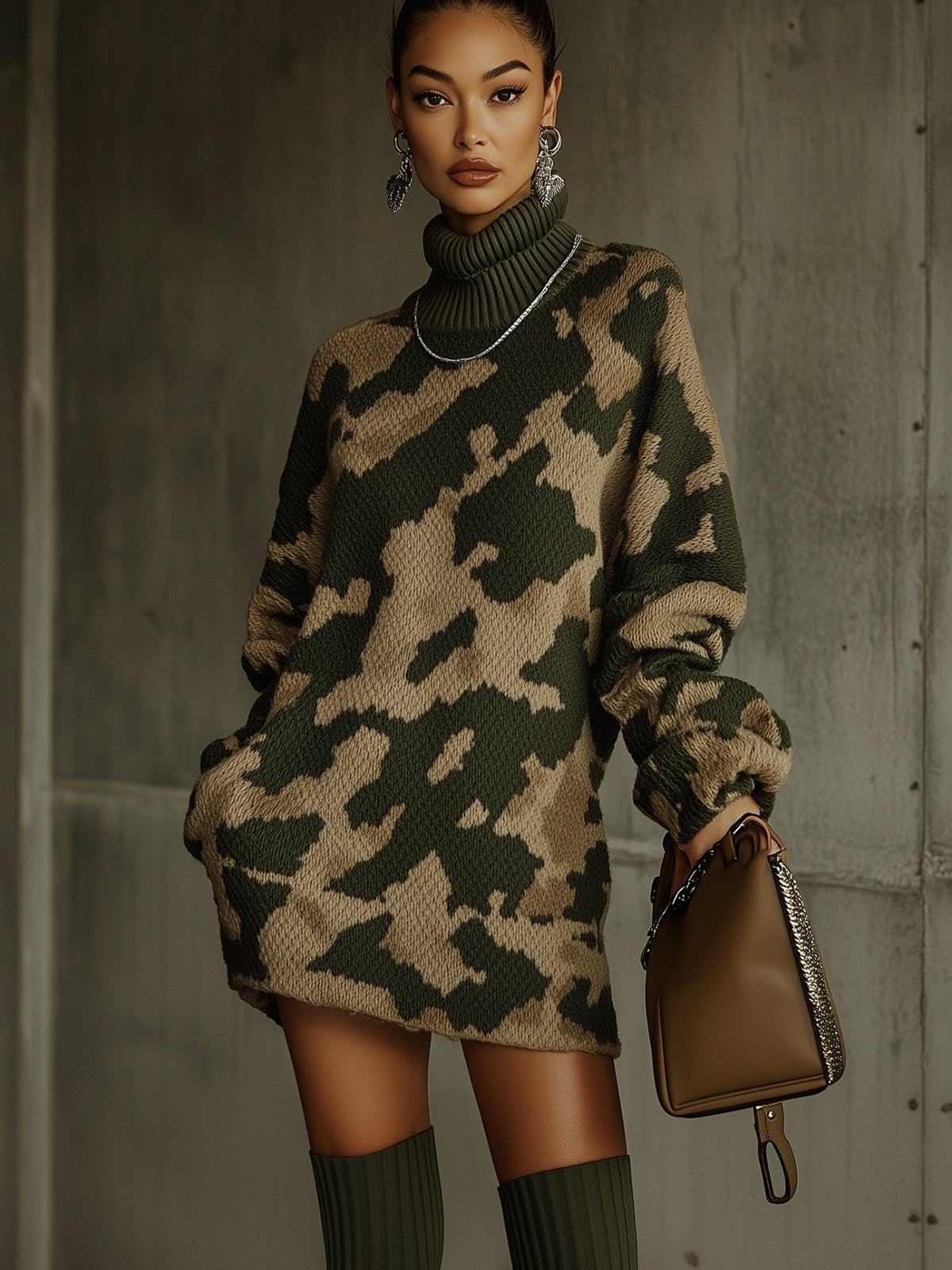 Camouflage Knit Turtleneck Dress With Oversized Sleeves