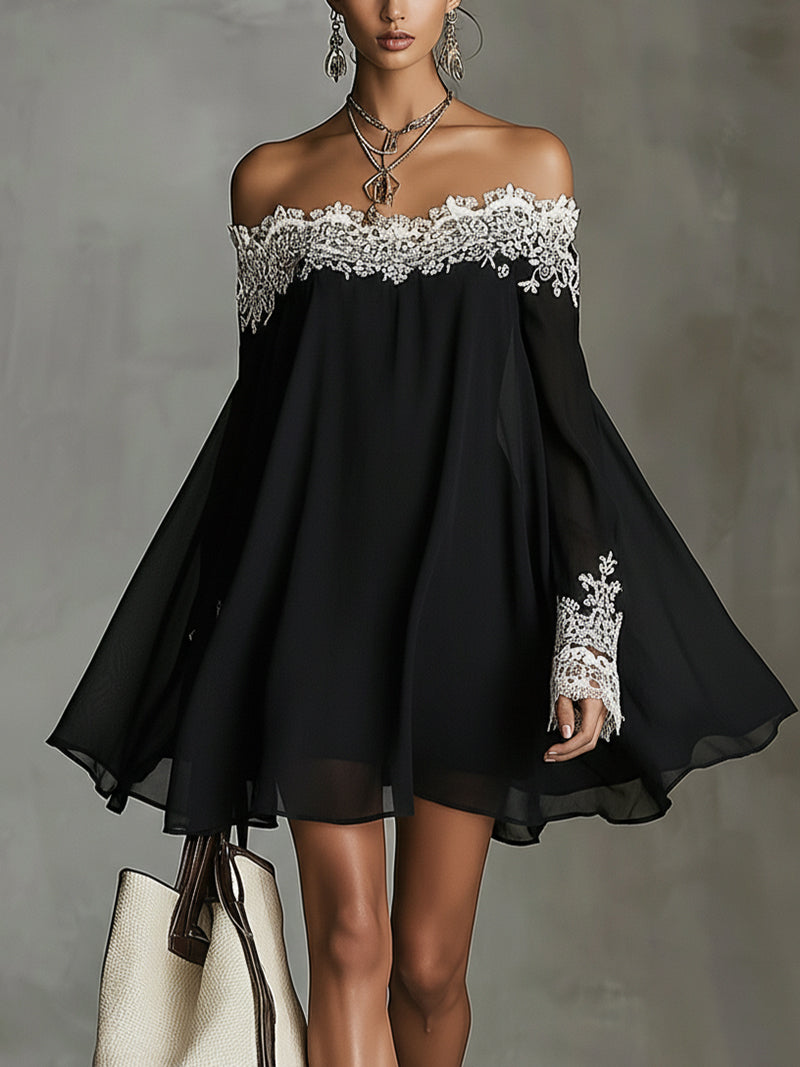 Black Off-Shoulder Lace Trim Chiffon Mini Dress