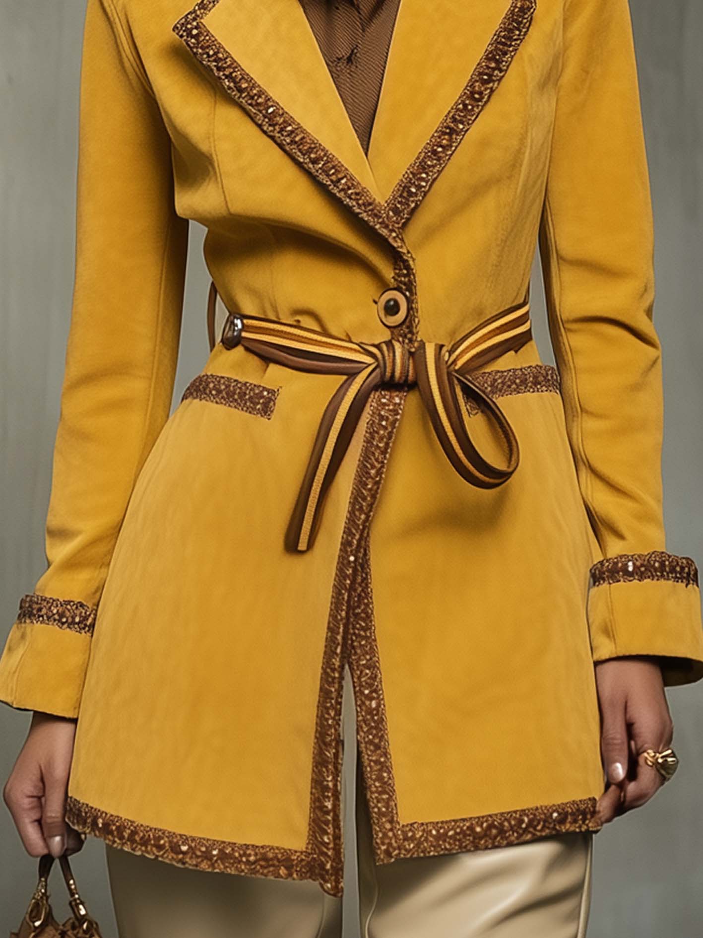 Yellow Faux Suede Coat With Brown Fashion Webbing