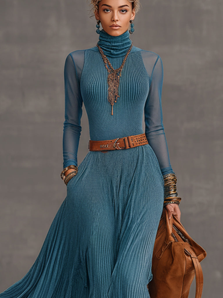Blue Velvet Mesh Sleeve Maxi Dress With Brown Belt