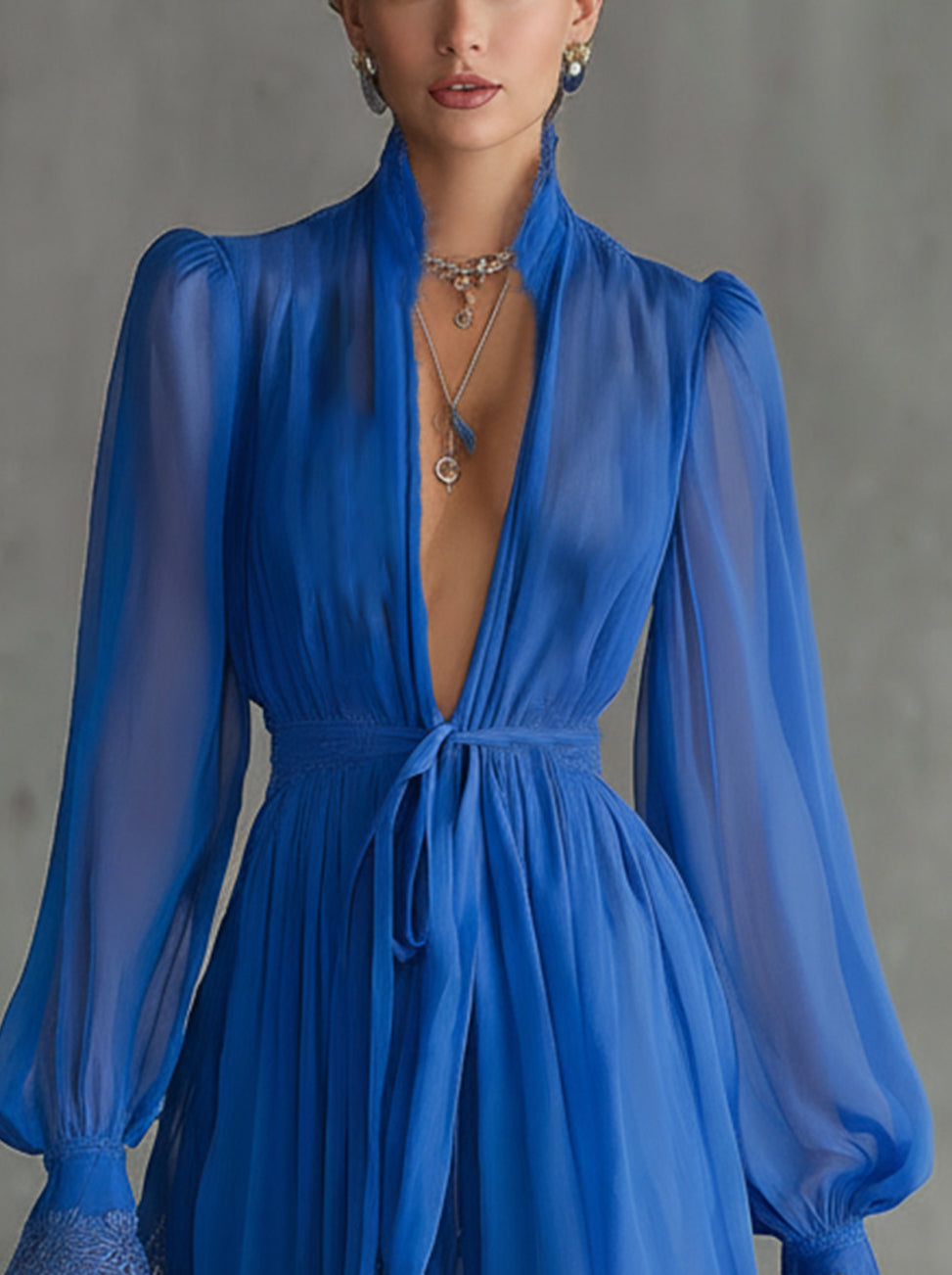 Blue Deep V-Neck Lace Trim Chiffon Mini Dress