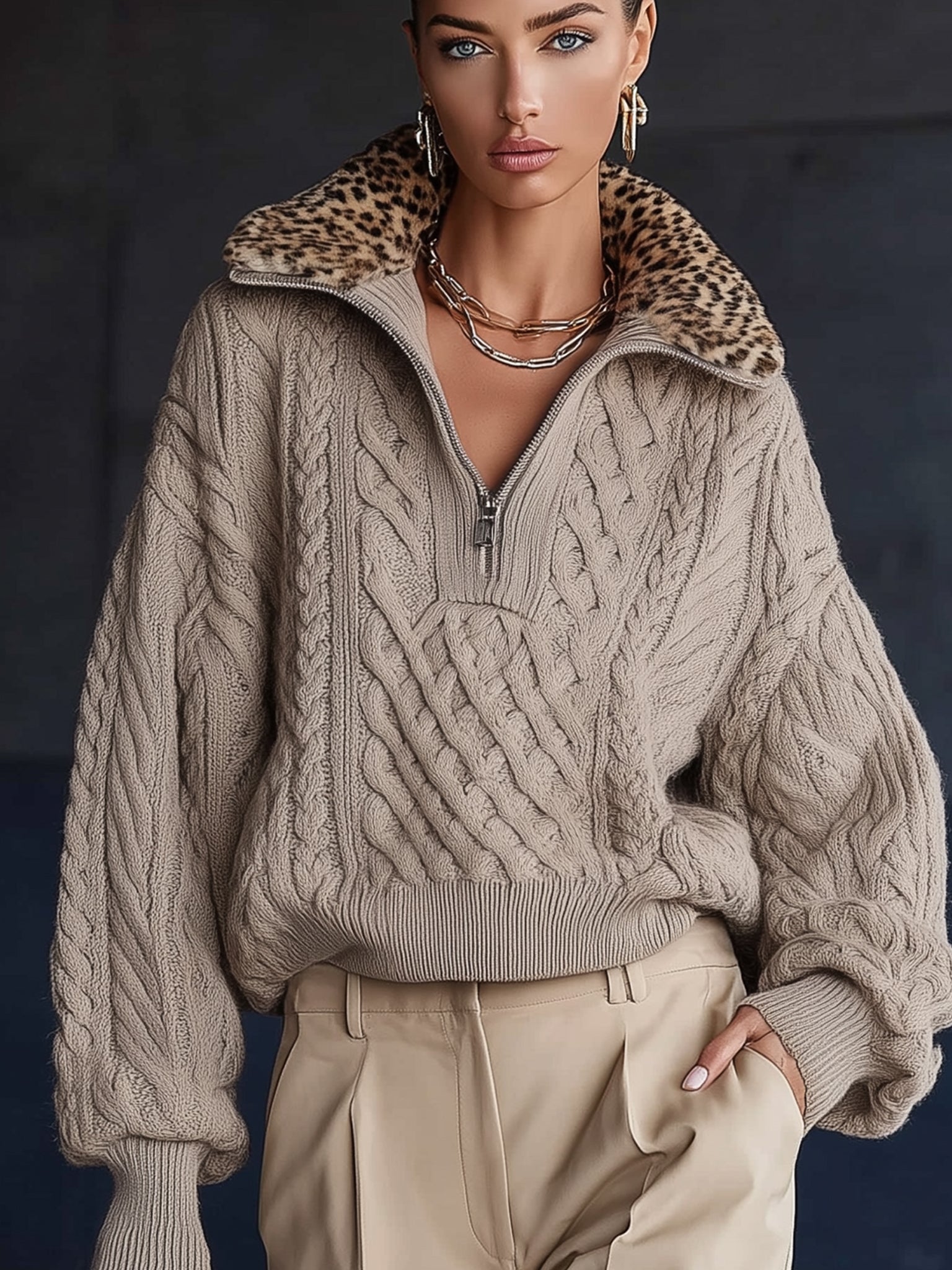 Taupe Cable Knit Pullover With Leopard Print Collar