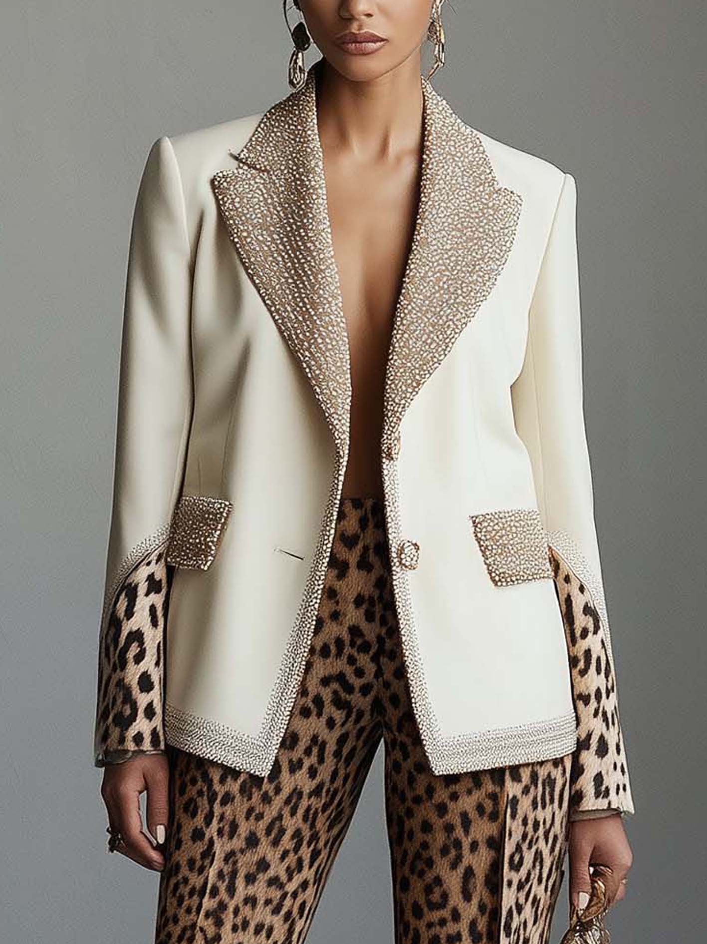 Beige Blazer With Champagne Gold Glitter Ribbon And Leopard Print
