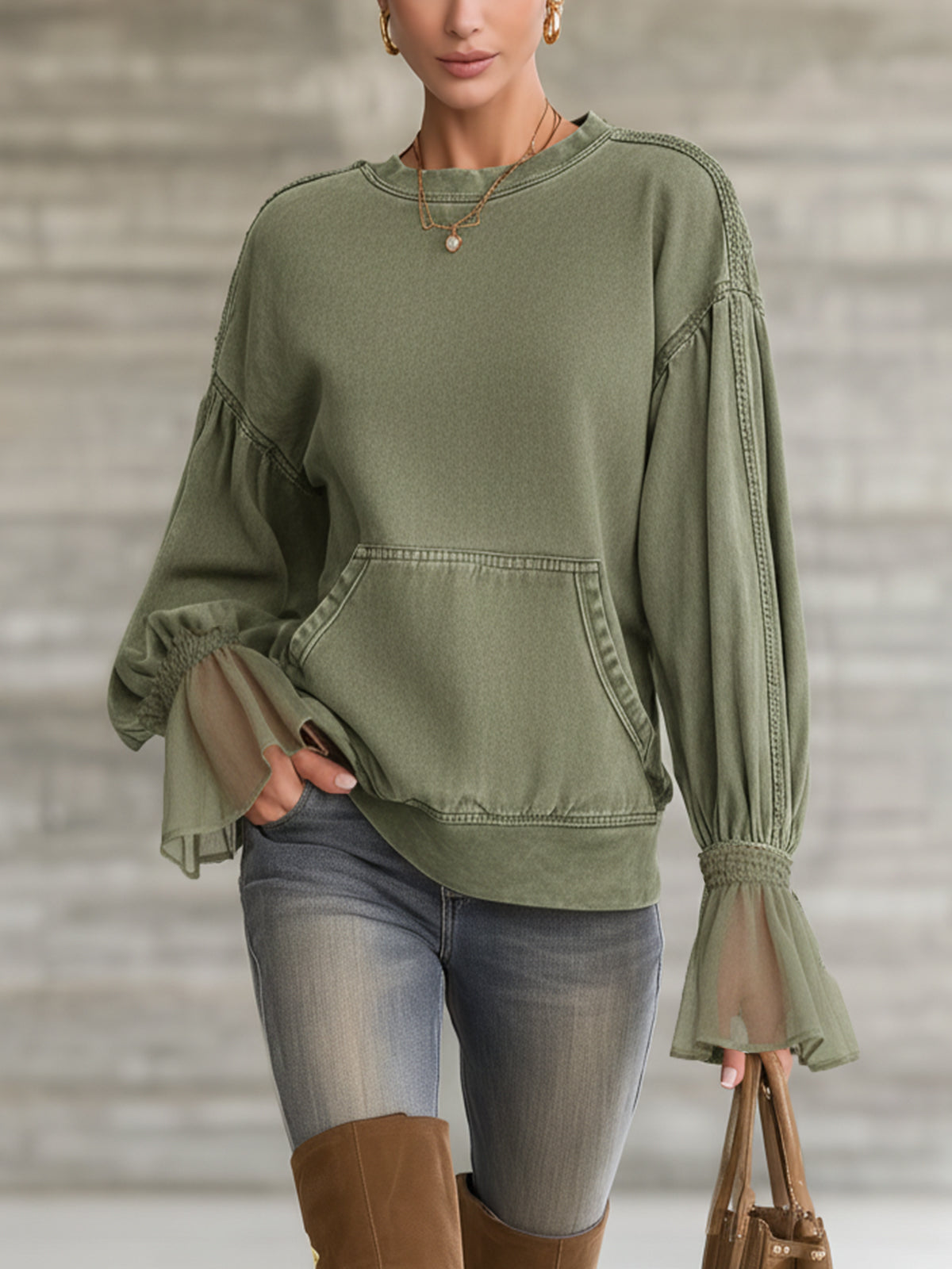 Green Sweatshirt With Sheer Bell Sleeve Detail