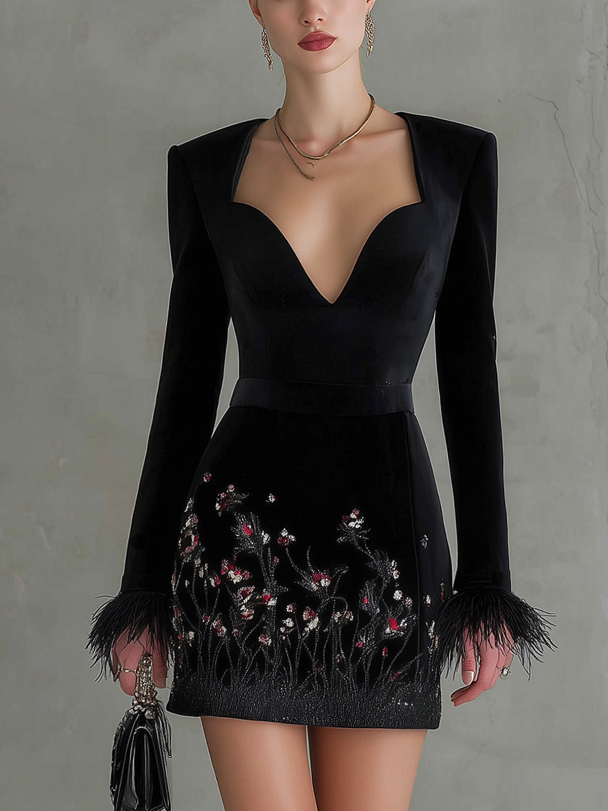 Black Velvet Sweetheart Neck Embroidered Mini Dress