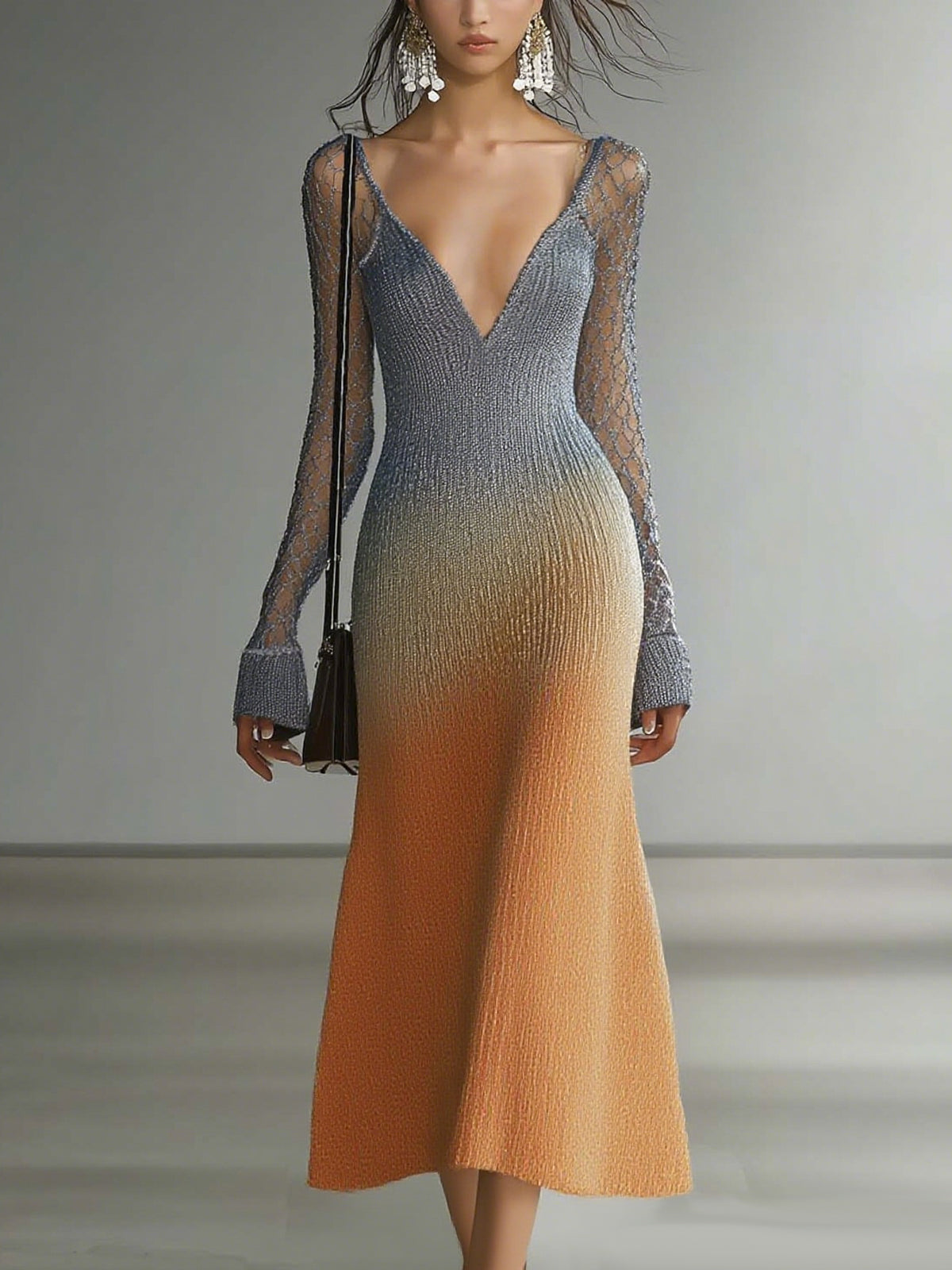 Blue Ombre Knit Gradient Deep V-Neck Sheer Long Sleeve Midi Dress