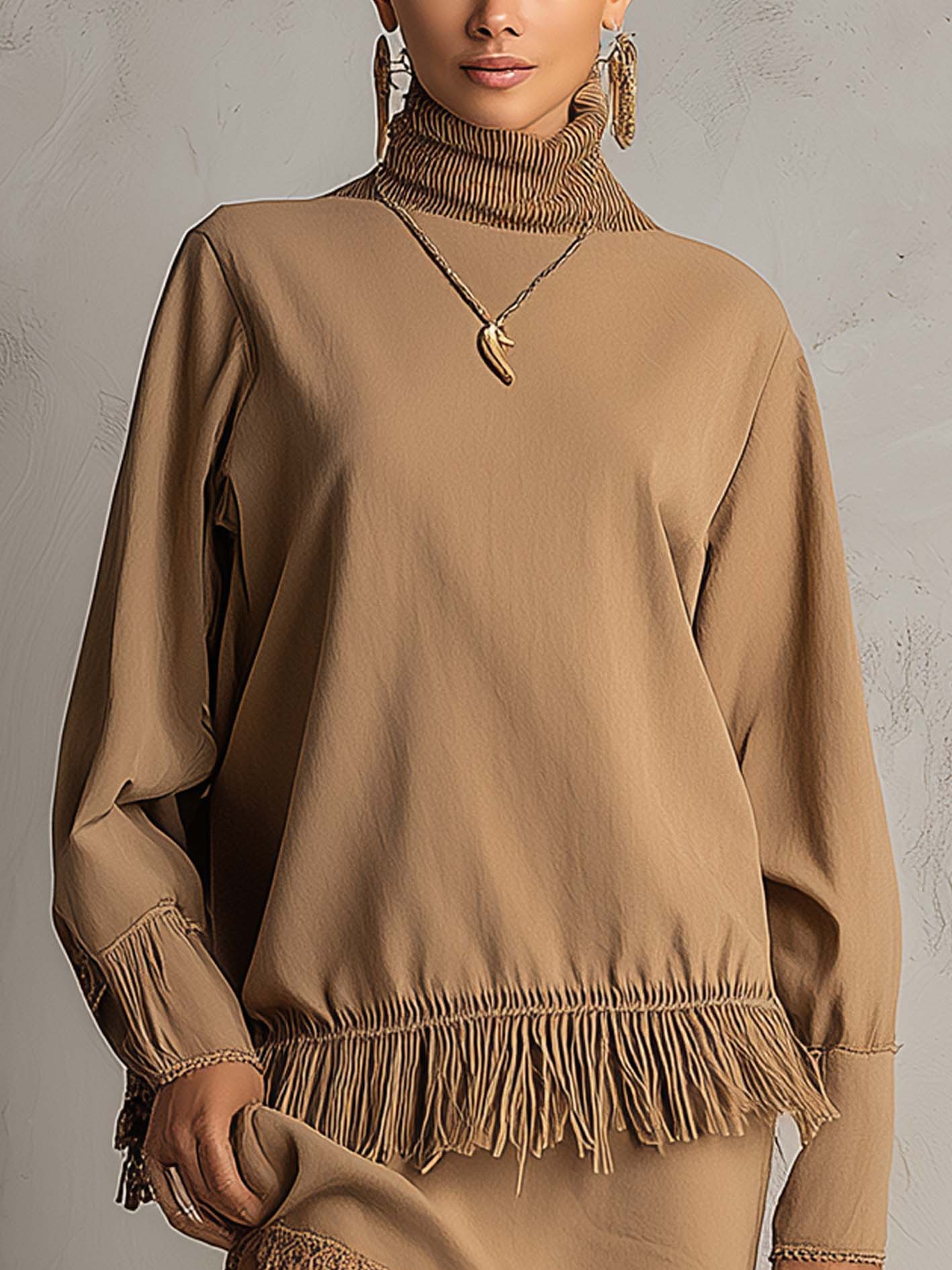 Beige Washed Cotton High Neck Mini Dress With Fringe Patchwork Hem