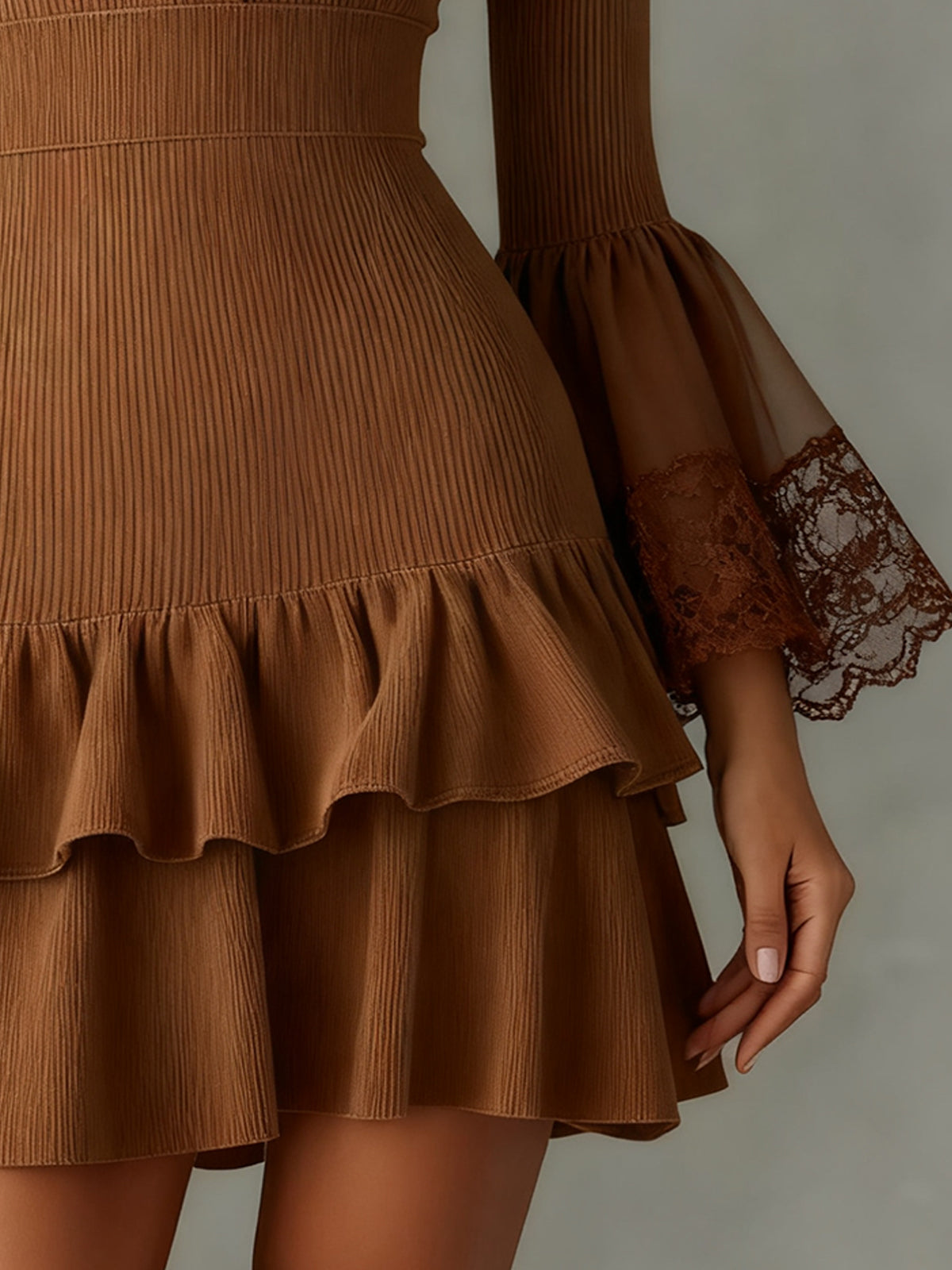 Brown Knit Mini Dress With Lace Cuffs And Ruffled Hem
