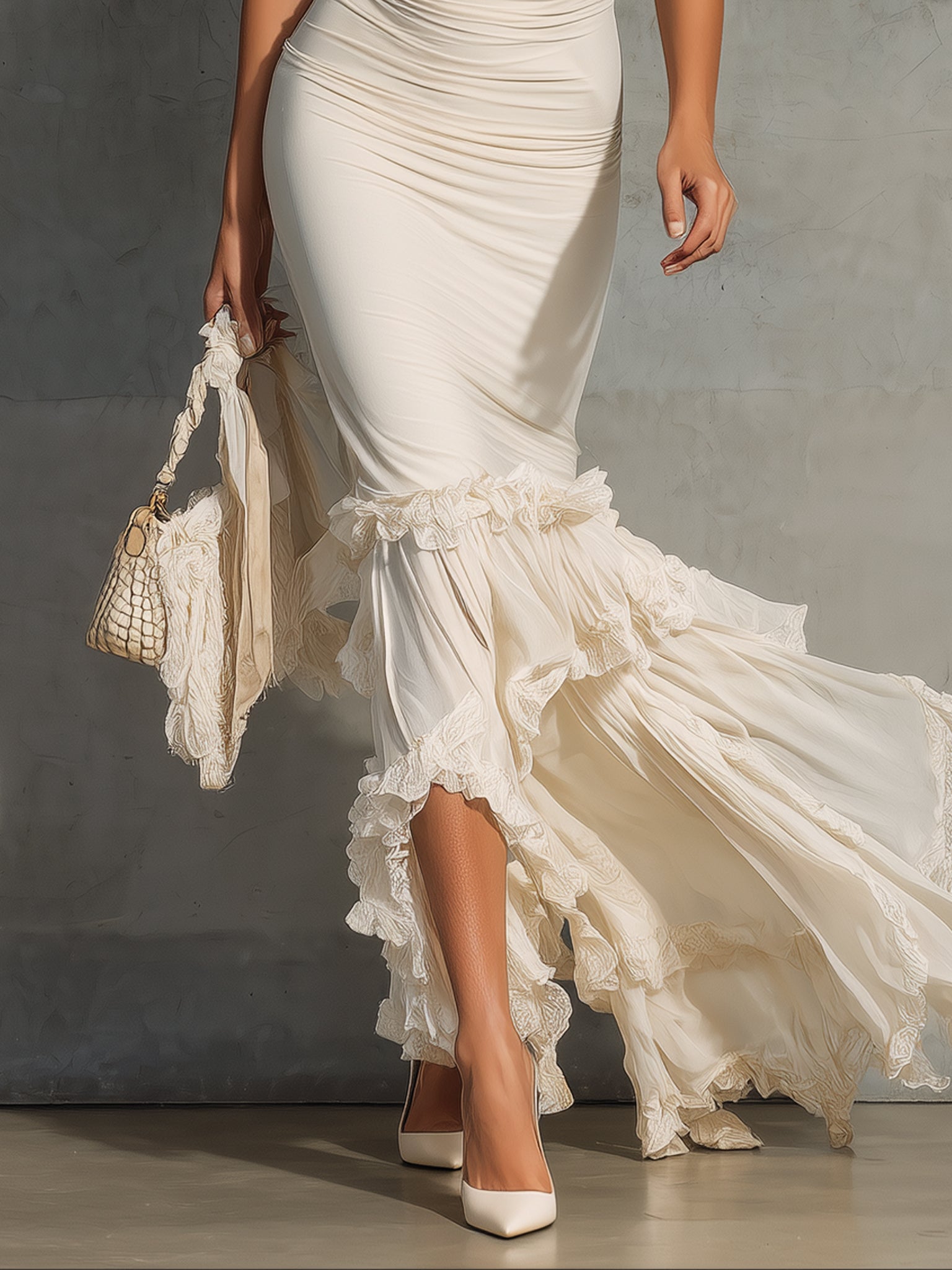 Ivory Chiffon Ruched Bodycon Maxi Dress