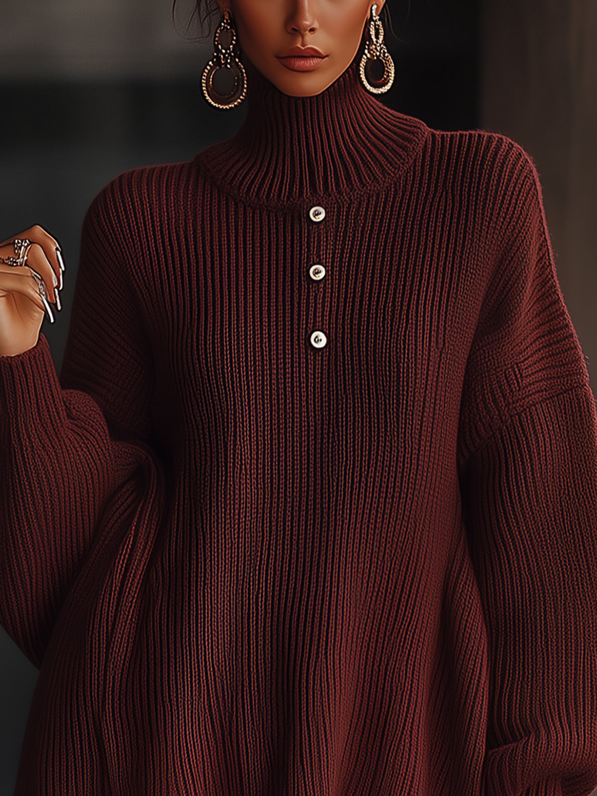 Claret Oversized Ribbed Knit Sweater Dress With Button Detail