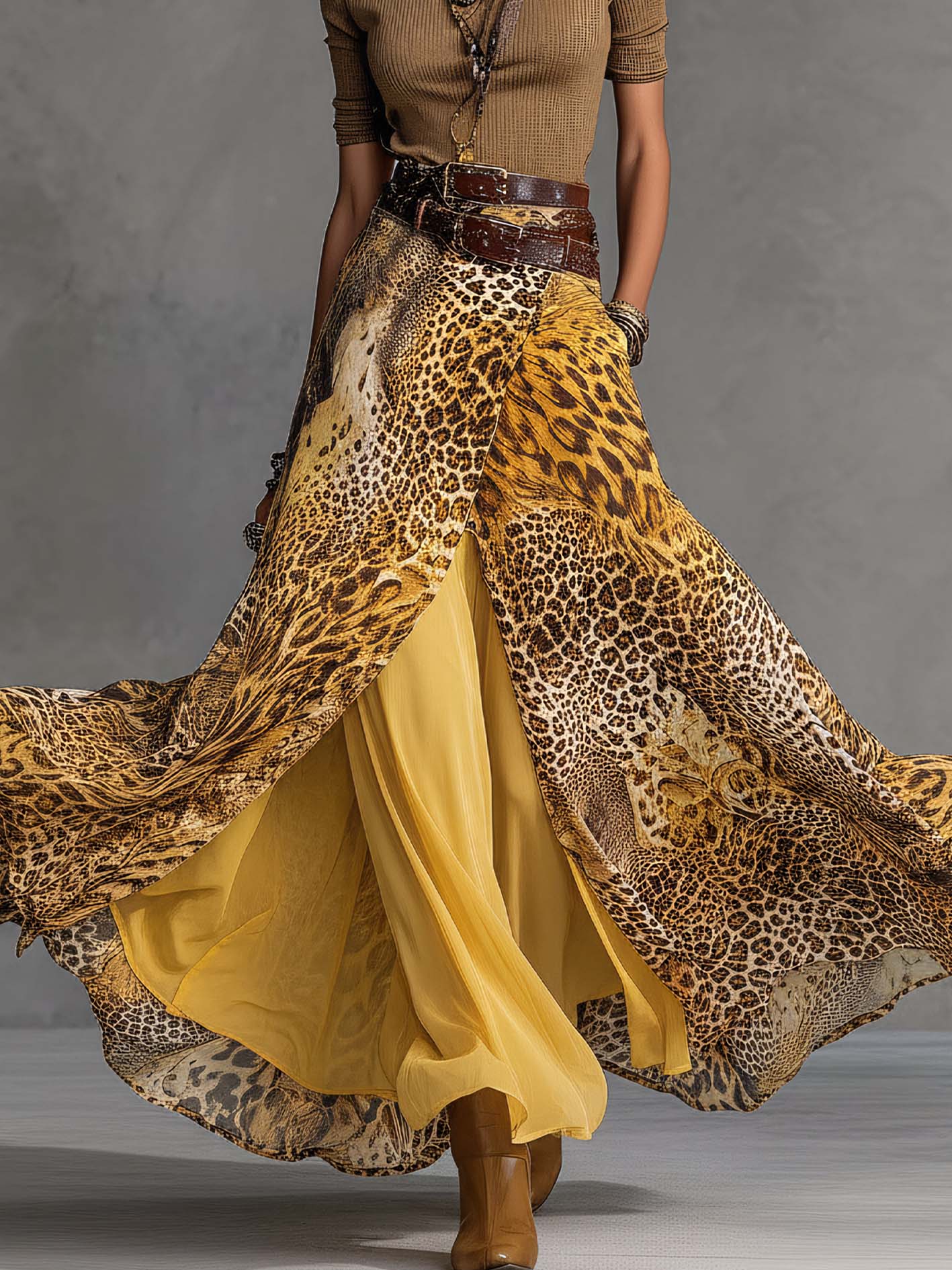 Khaki Ribbed Top And Leopard Print Double-Layer Chiffon Maxi Skirt Set