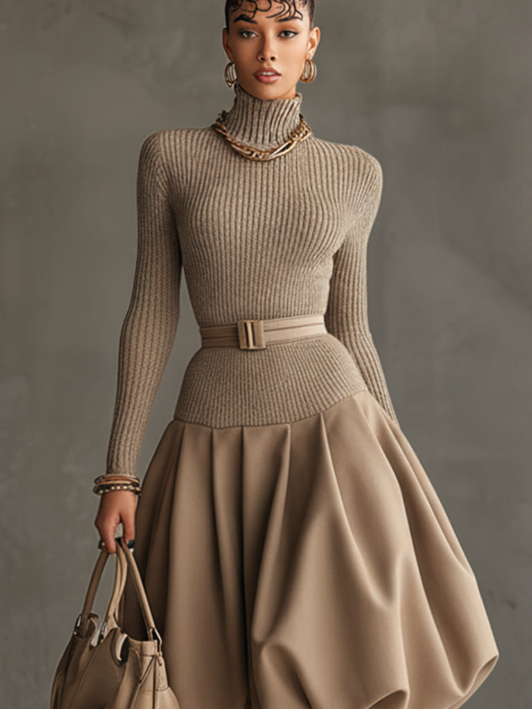 Camel Knit Lantern Long Sleeve Midi Dress With Belt
