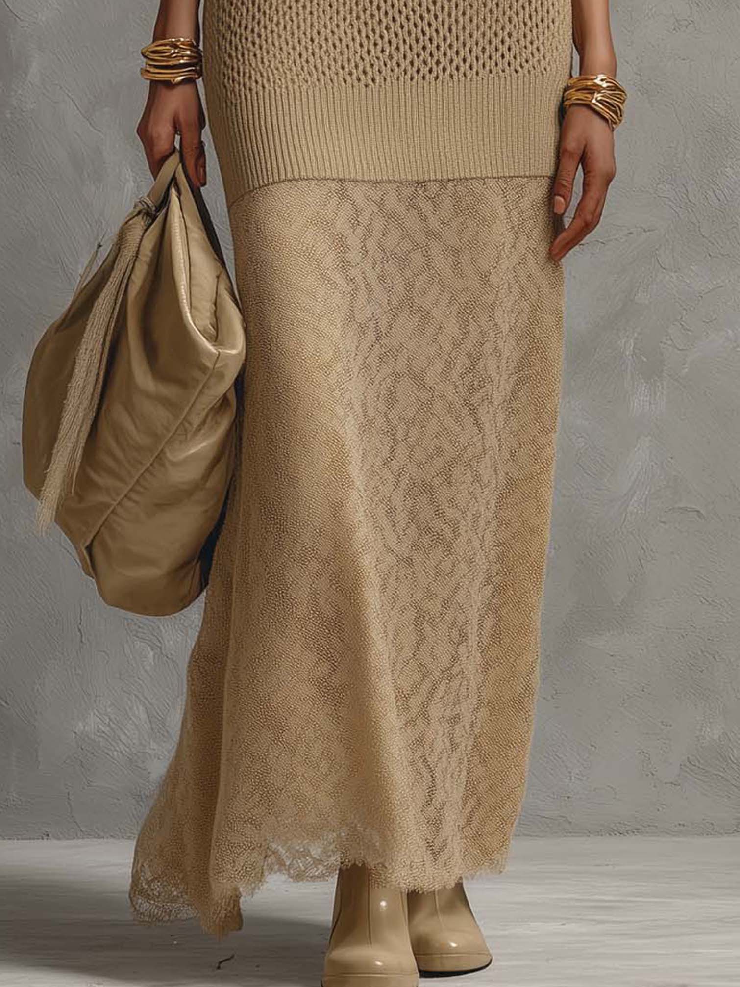 Khaki Textured Knit Patchwork Sleeveless Bodycon Dress