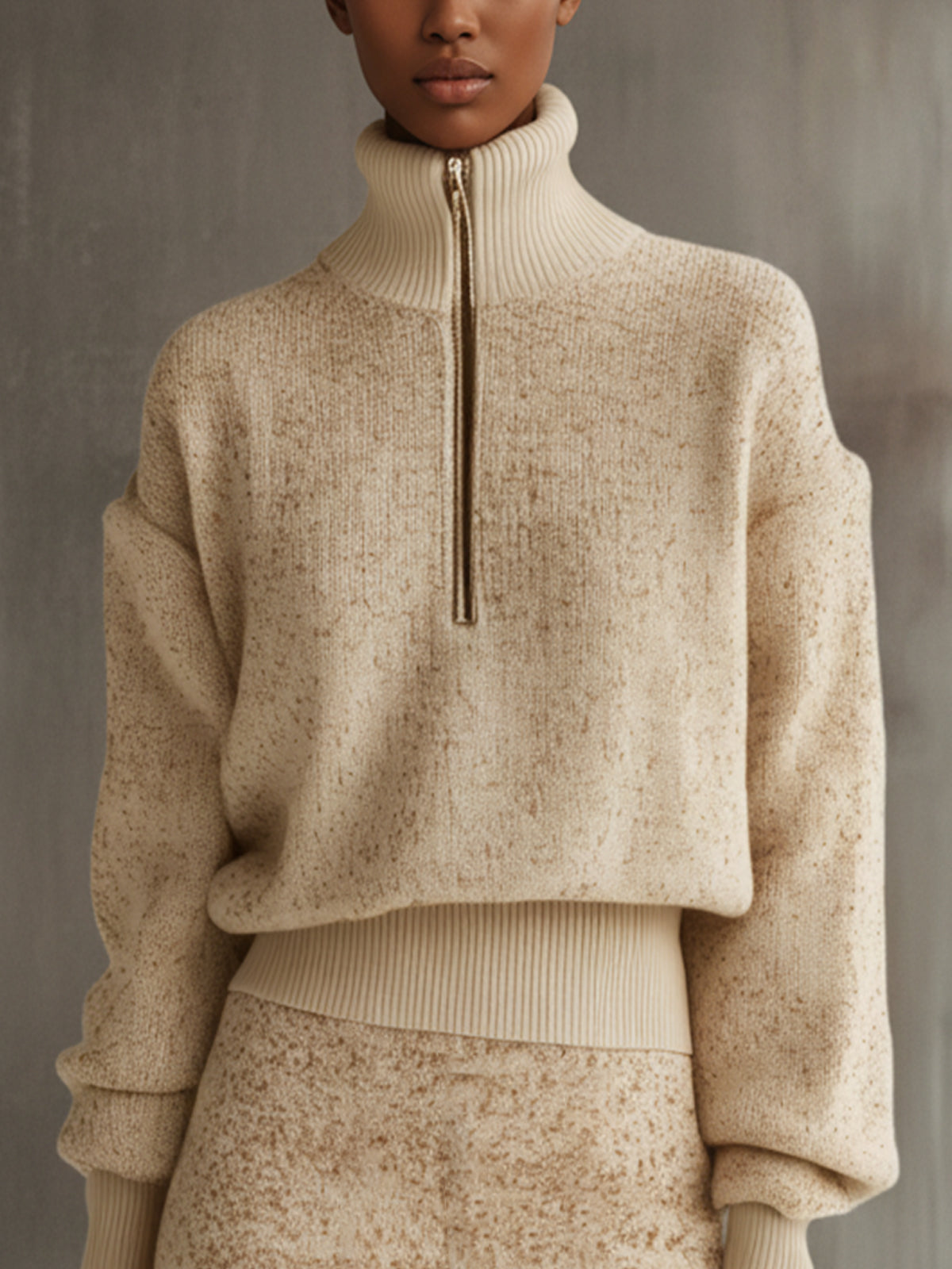 Cream Knit Sweater Set With Metallic Accents