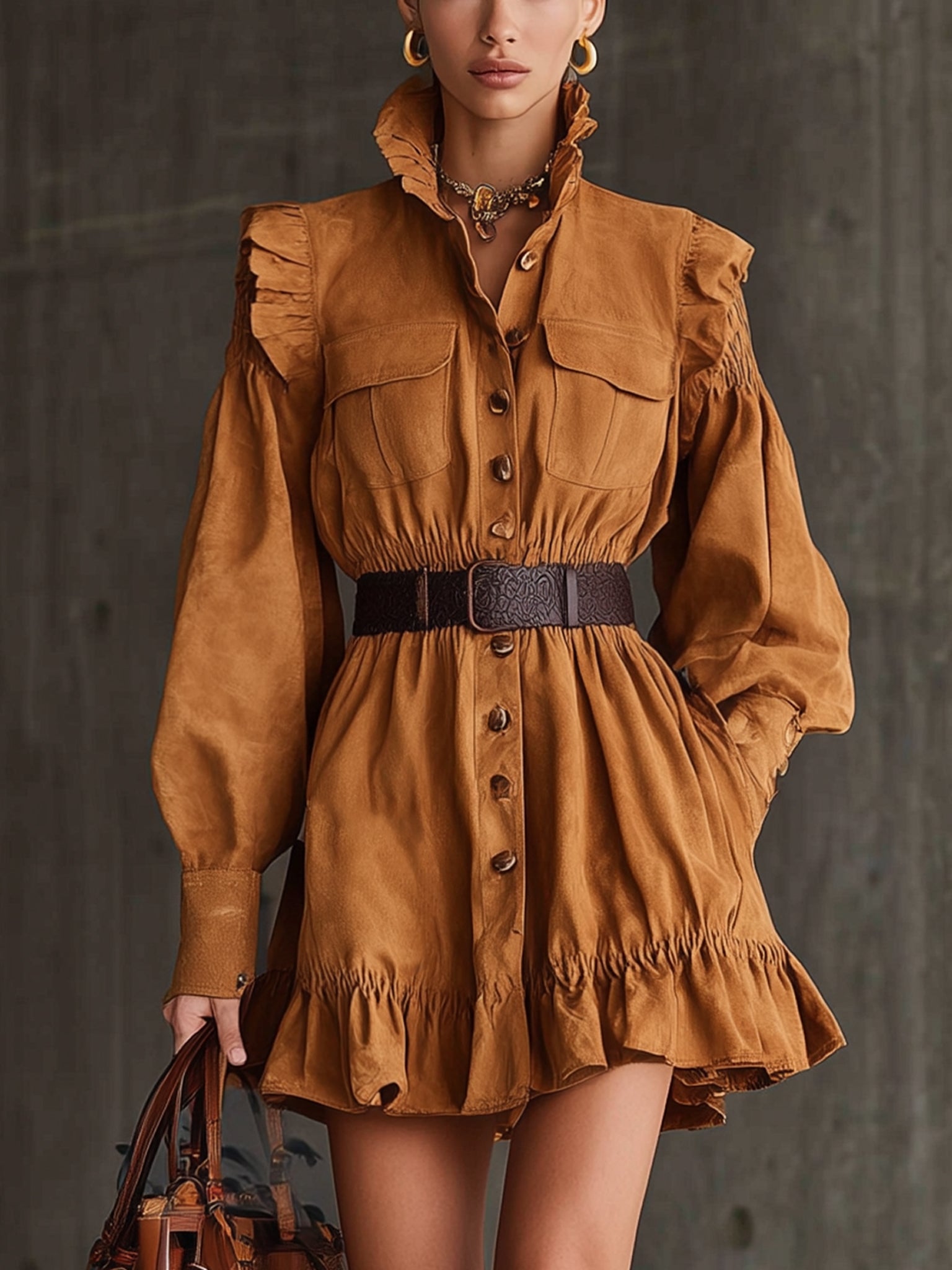 Brown Suede Ruffle Trimmed Belted Long Sleeve Mini Dress