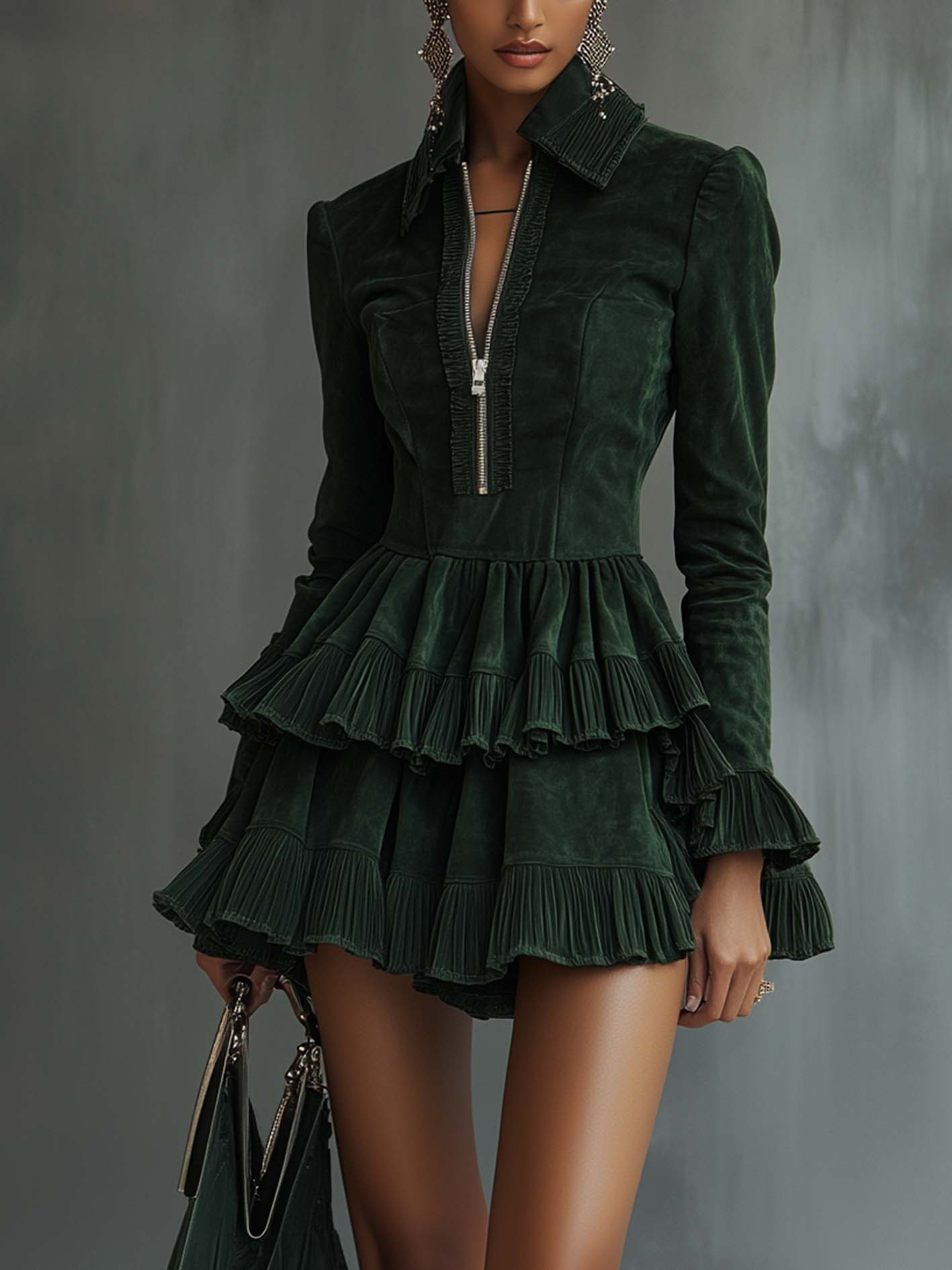 Retro Green Faux Suede Mini Dress With Ruffles