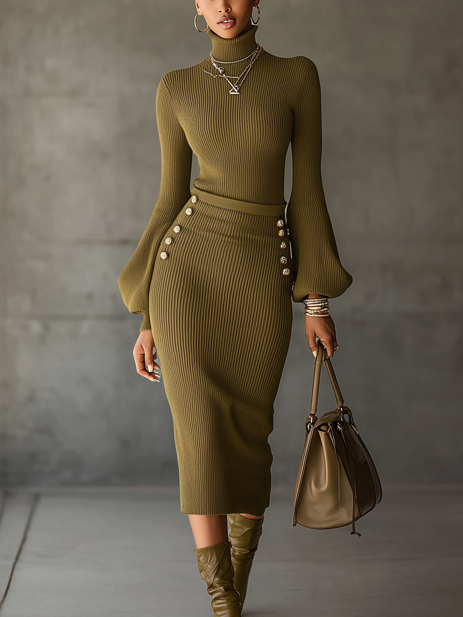 Olive Green Lantern Sleeve Knit Dress With Vintage Gold Buttons