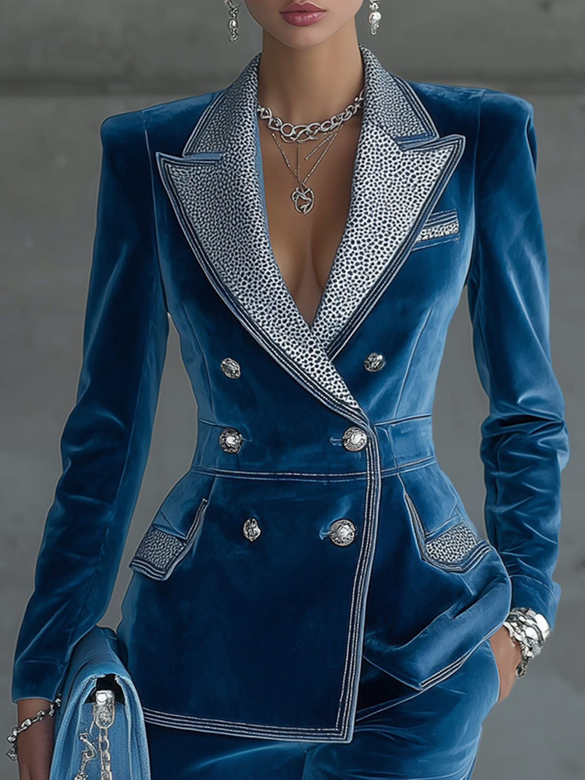 Sapphire Blue Velvet Double Breasted Embellished Blazer
