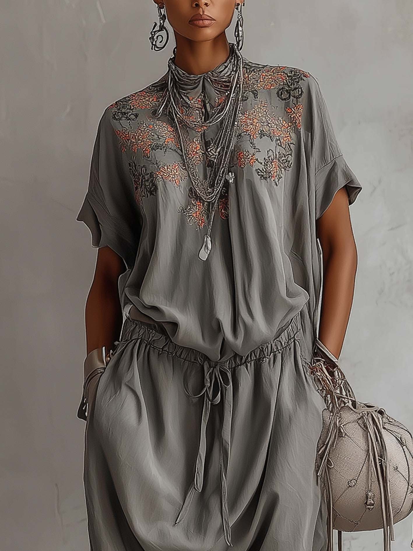Gray Cotton Linen Embroidered Neck Short Sleeve Jumpsuit