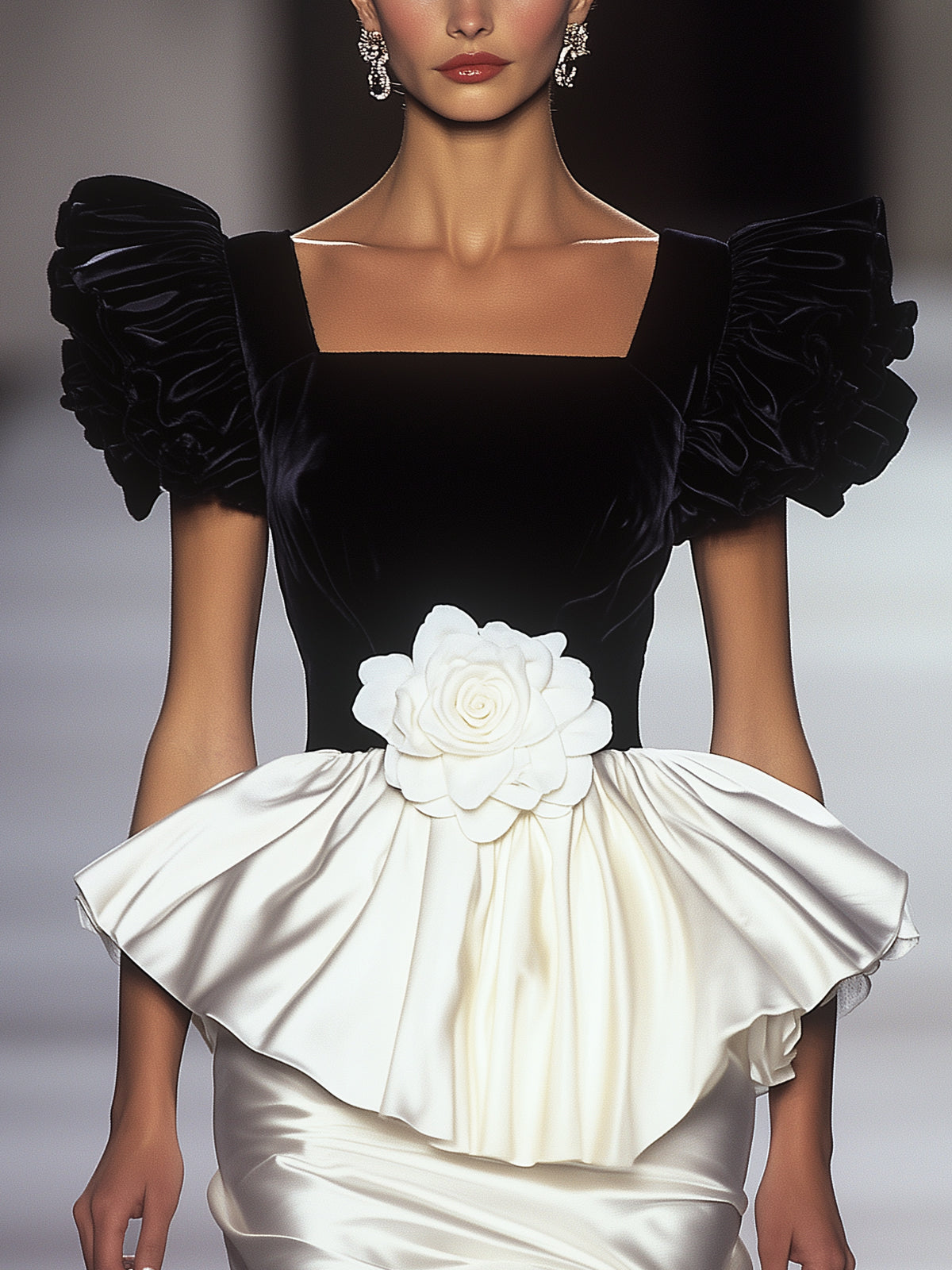 Black Velvet Ruffled Peplum Square Neck Puff Sleeve Midi Dress