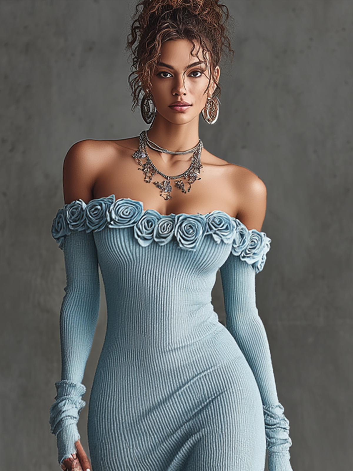 Blue Knitted Off-the-shoulder Maxi Dress With Sheer Fabric And Floral Embellishments