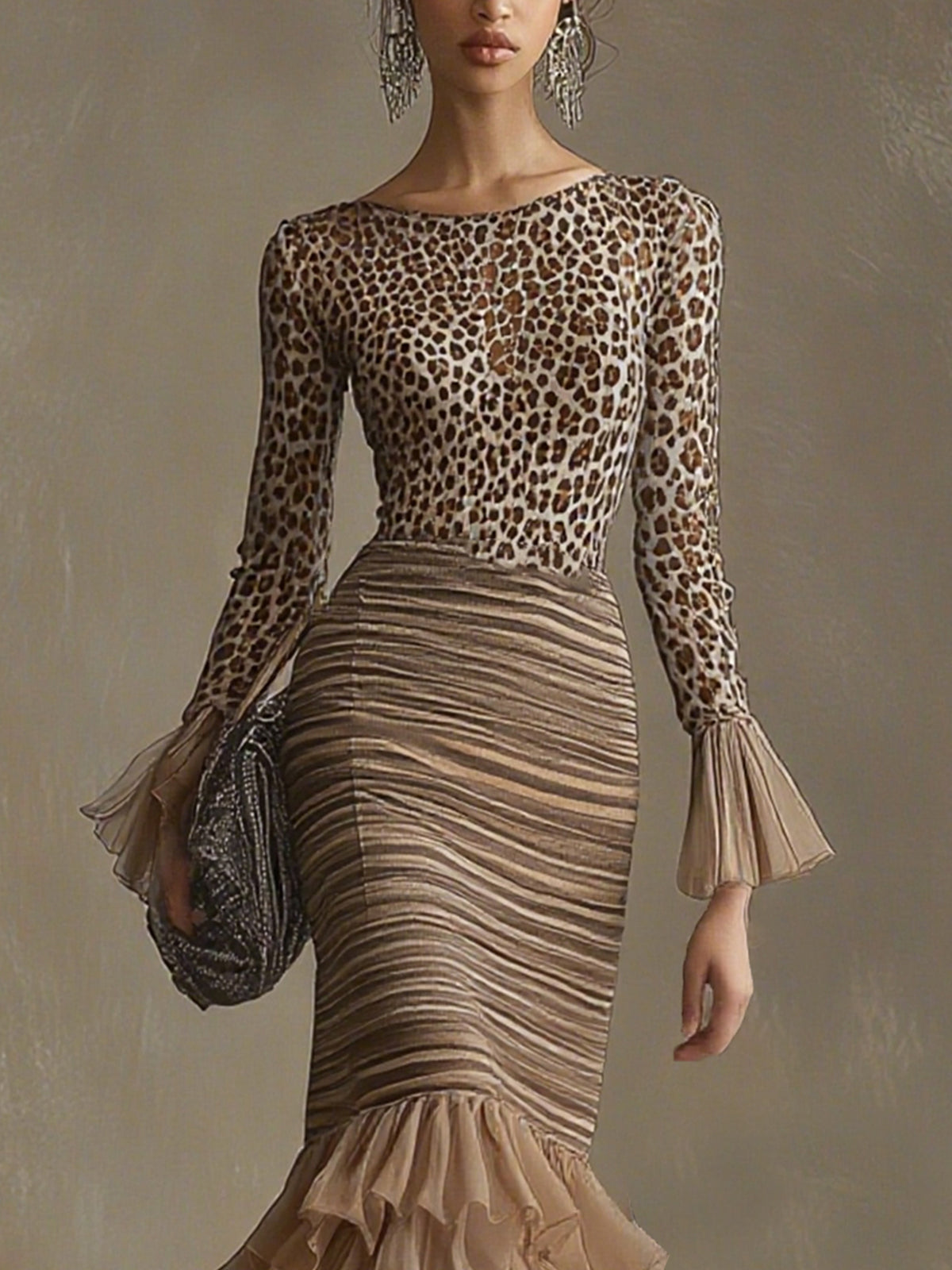 Leopard Print Dress With Striped Mermaid Skirt And Ruffled Details