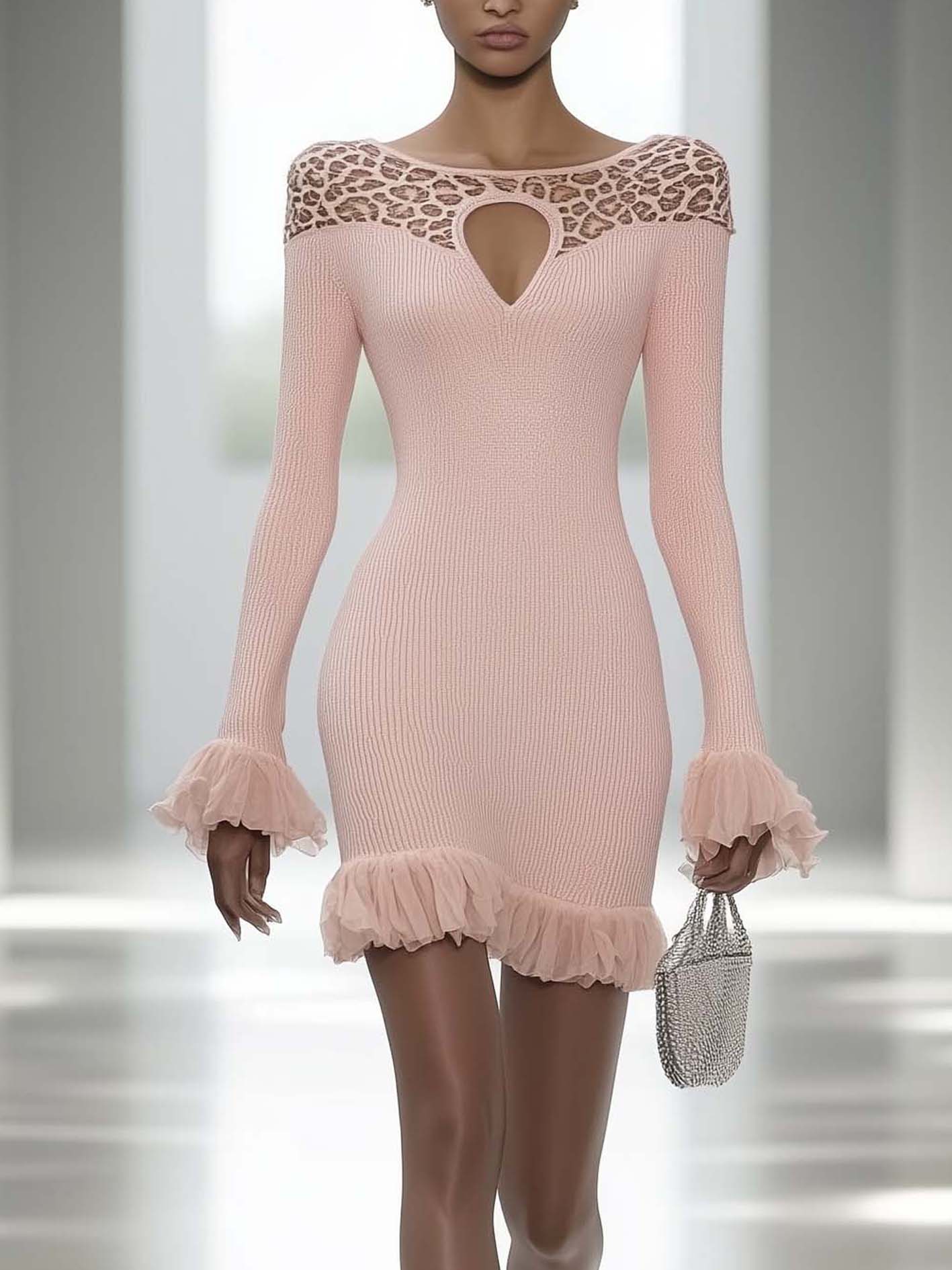 Pink Knitted Mini Dress With Chiffon Ruffles And Leopard Print