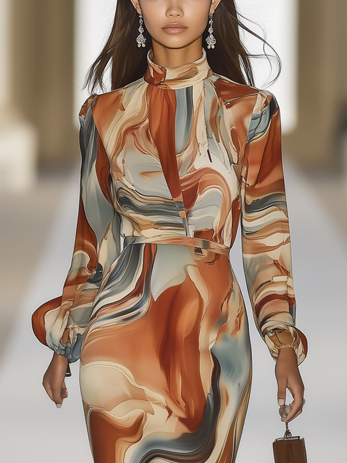 Colorful Marbled Satin Waist Twist High Neck Long Sleeve Maxi Dress