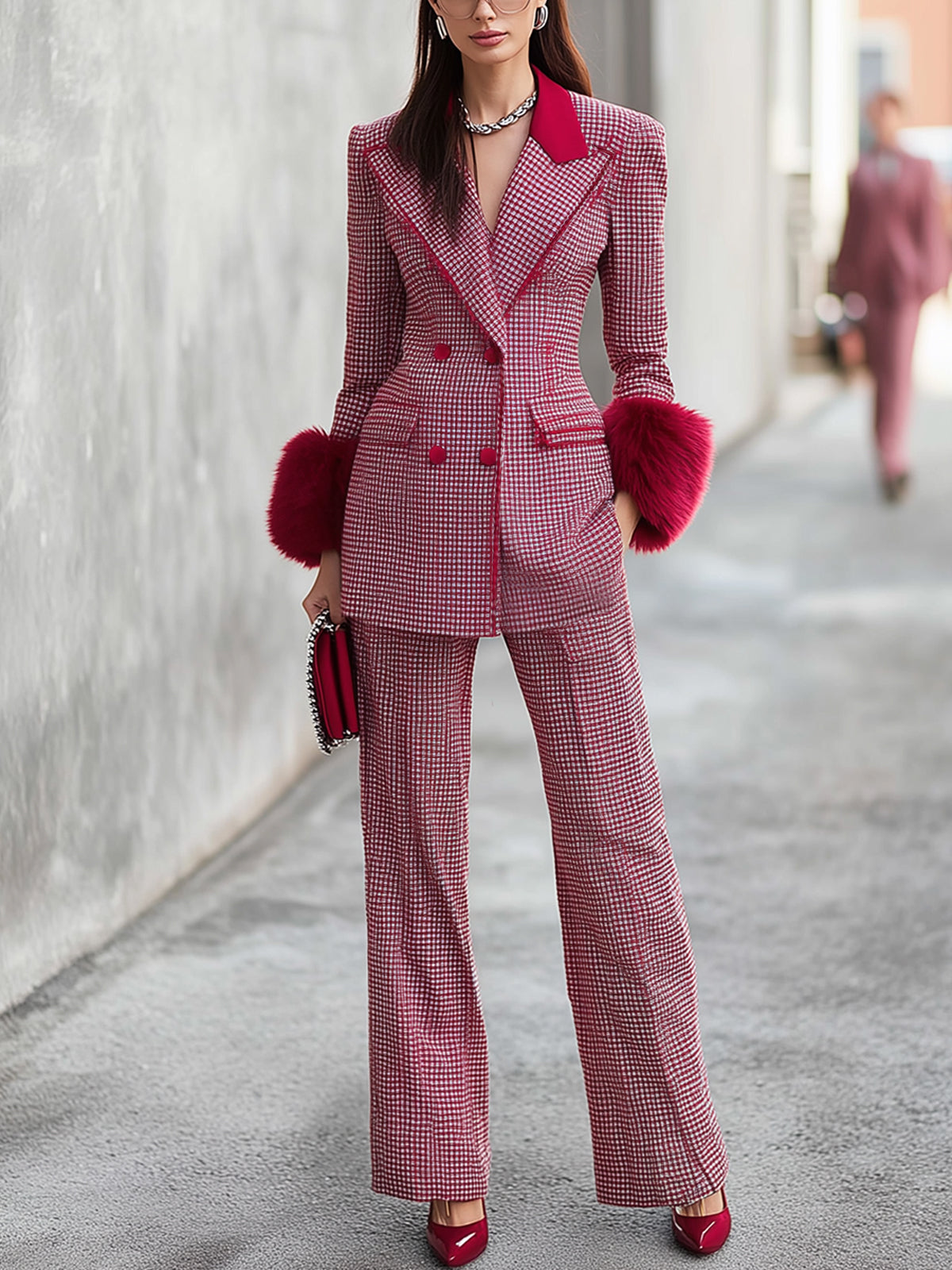 Red Houndstooth Double Breasted Blazer And Flared Pants Suit