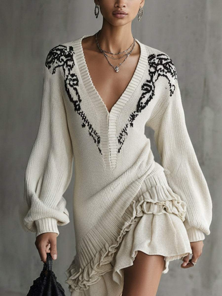 Ivory Knit Embroidered Ruffle Hem Mini Dress