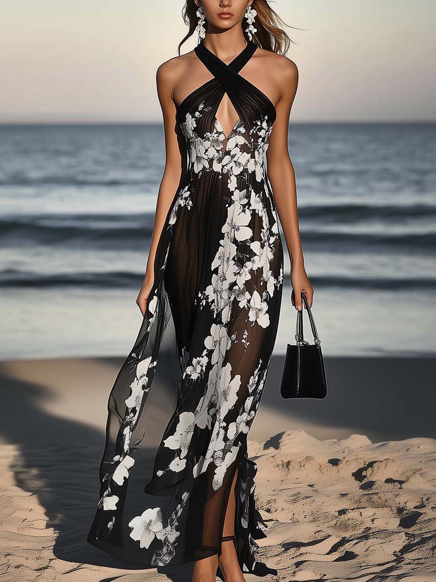 Black Chiffon Maxi Dress With White Flowers And Cross Neckline