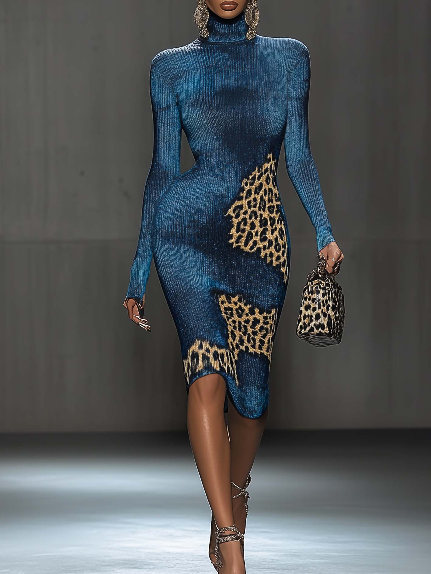 Navy Knit Midi Bodycon Dress With Leopard Print