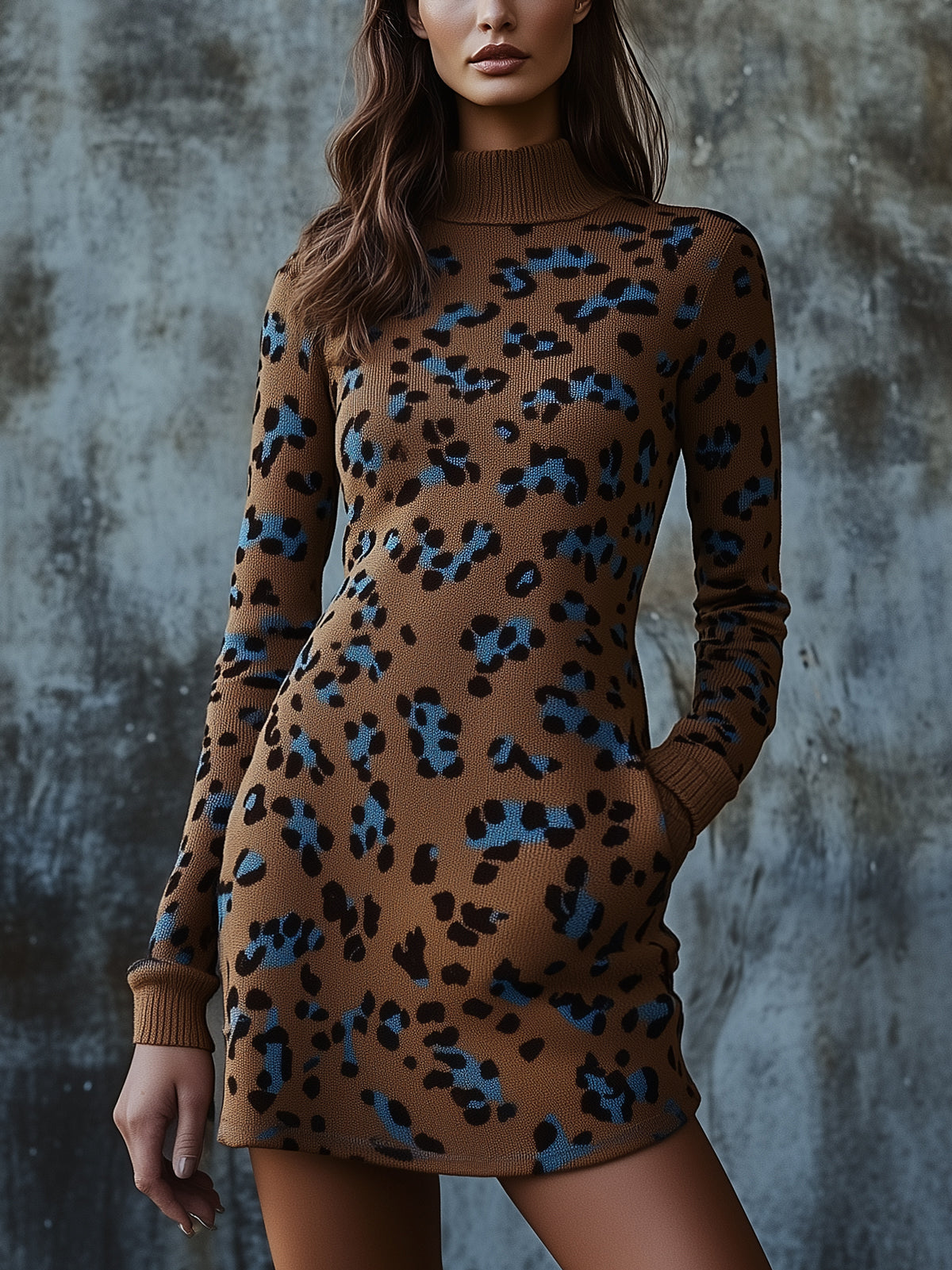 Brown Leopard Print Knit Pocket Detail Turtleneck Long Sleeve Mini Dress