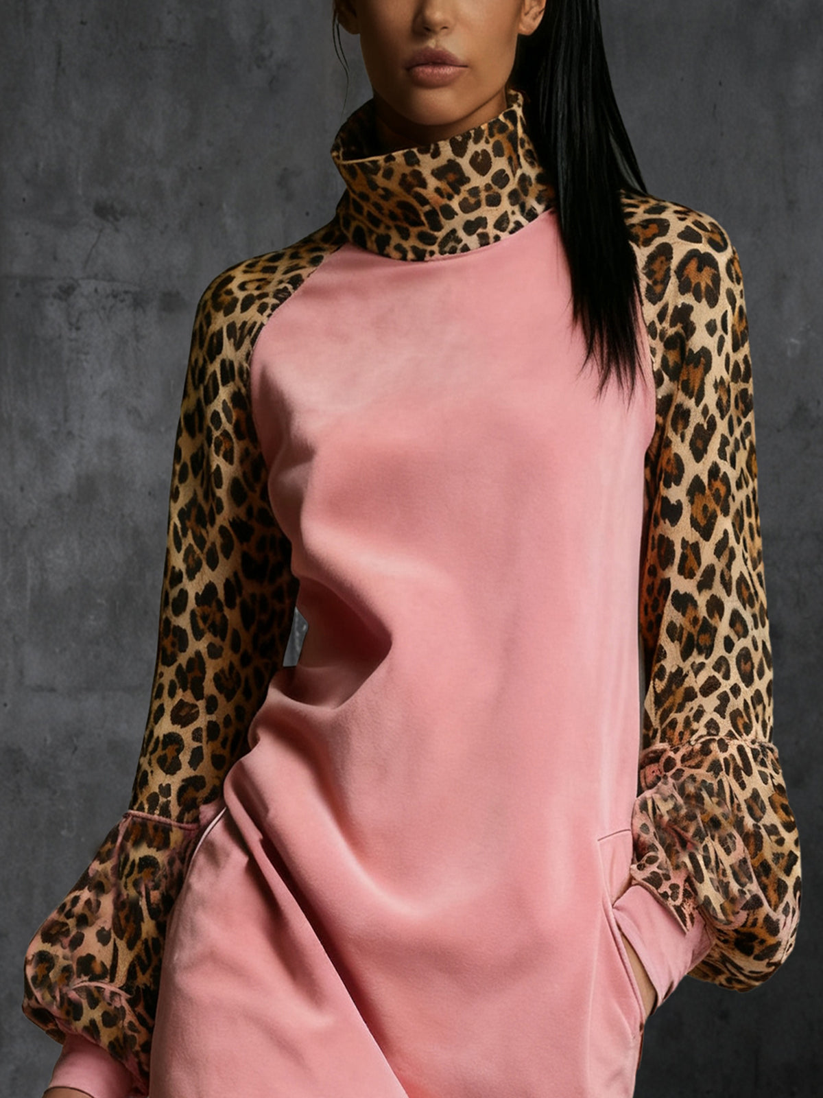 Pink Mock Neck Faux Suede Dress With Leopard Print Sleeves