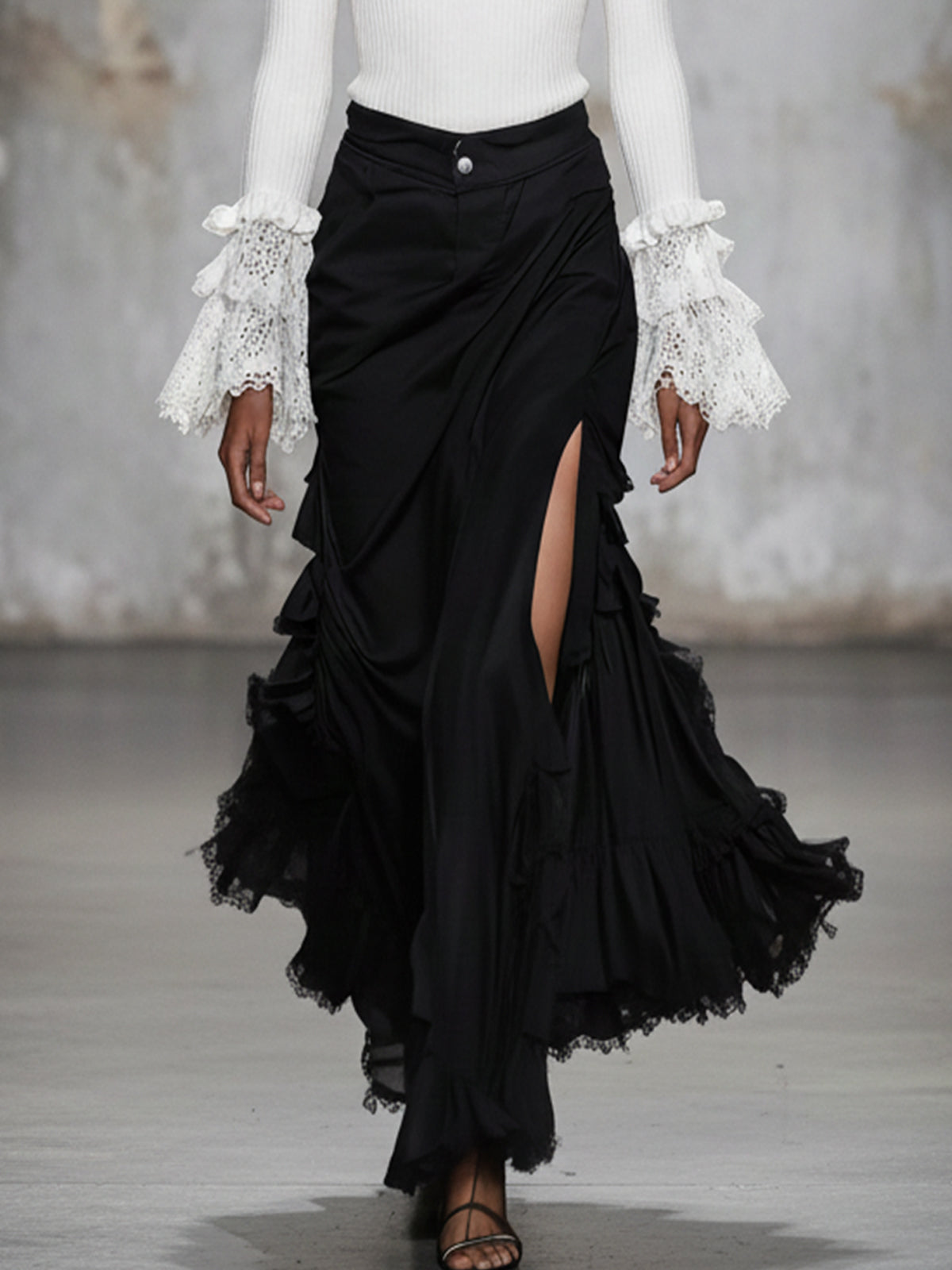 White Lace Cuff Sweater With Black Ruffled Maxi Skirt
