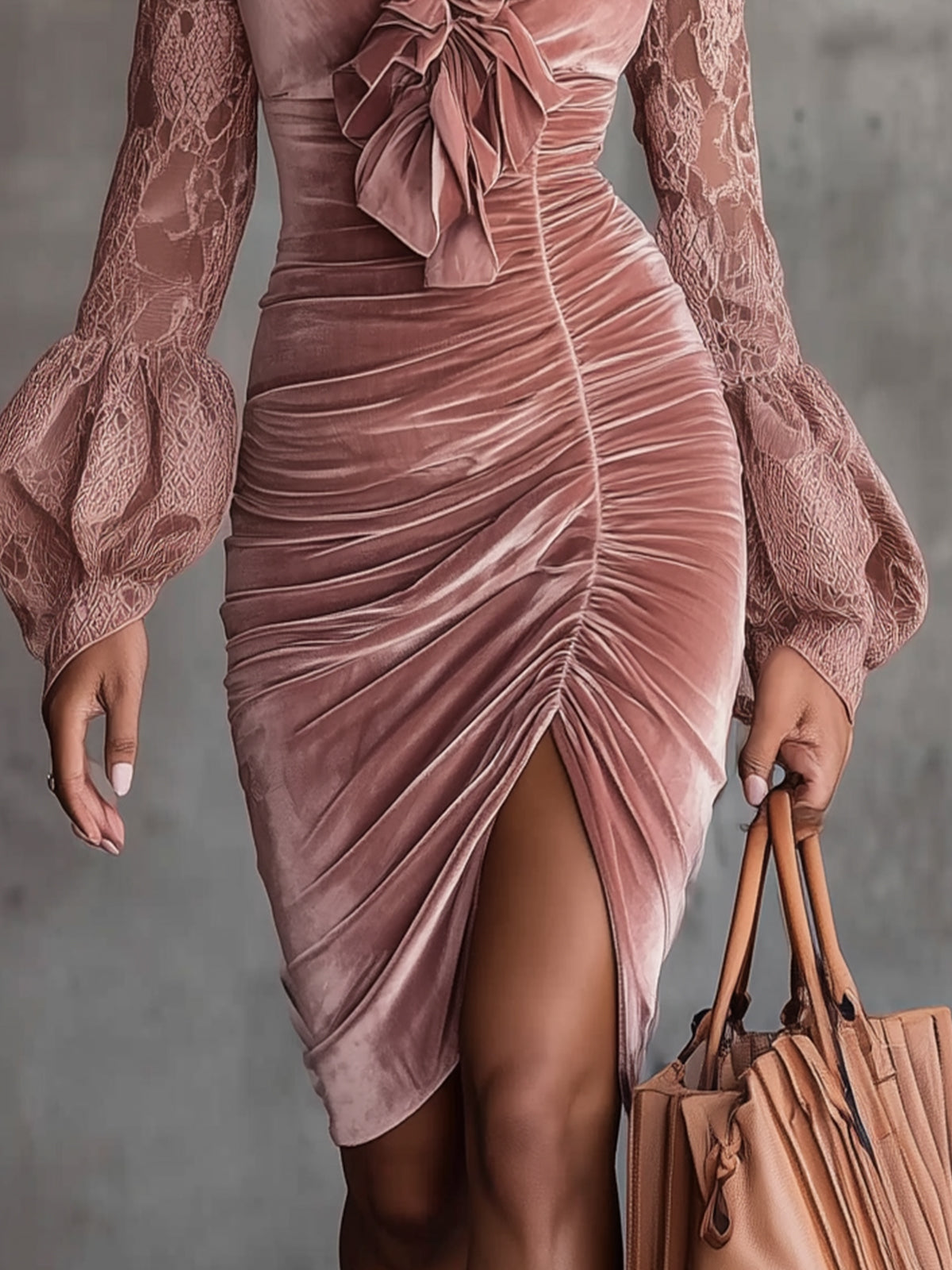 Pink Velvet Ruffled V-Neck Dress With Lace Balloon Sleeves